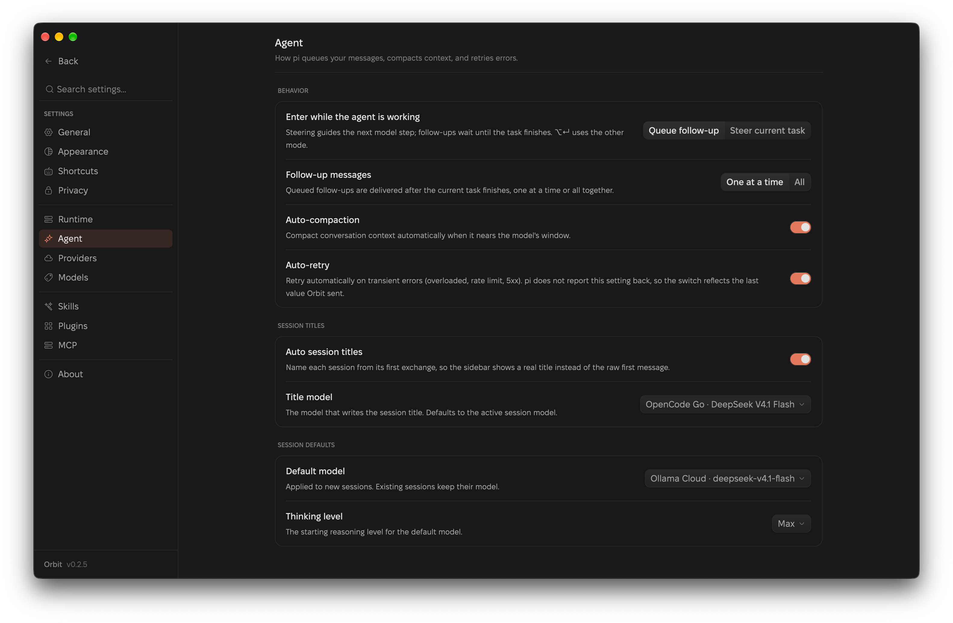 Orbit's Agent settings with follow-up delivery, auto-compaction, auto-retry, compact-now, and session rename.