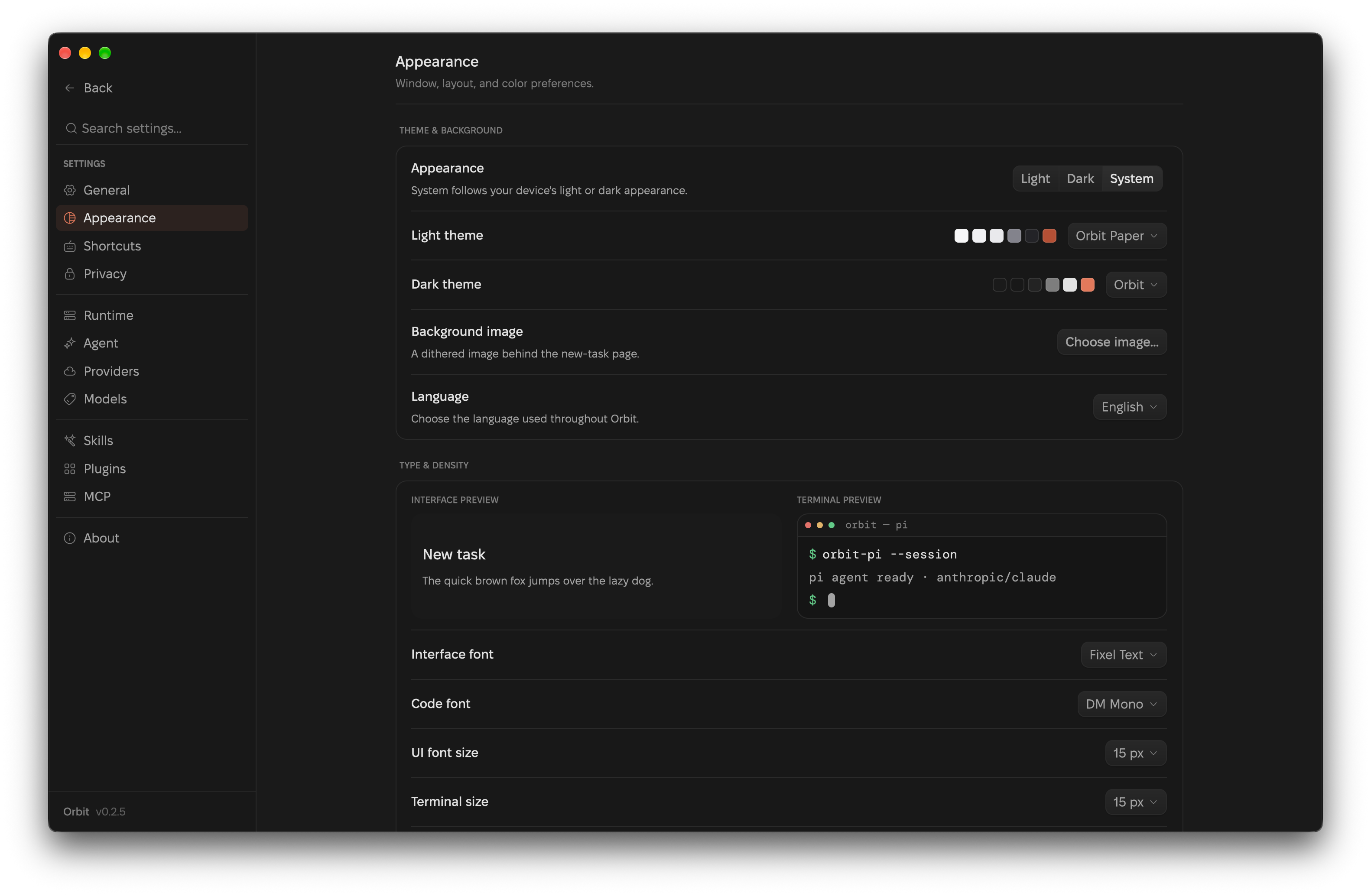 Orbit's Appearance settings with theme pickers, type and density previews, and font pickers.
