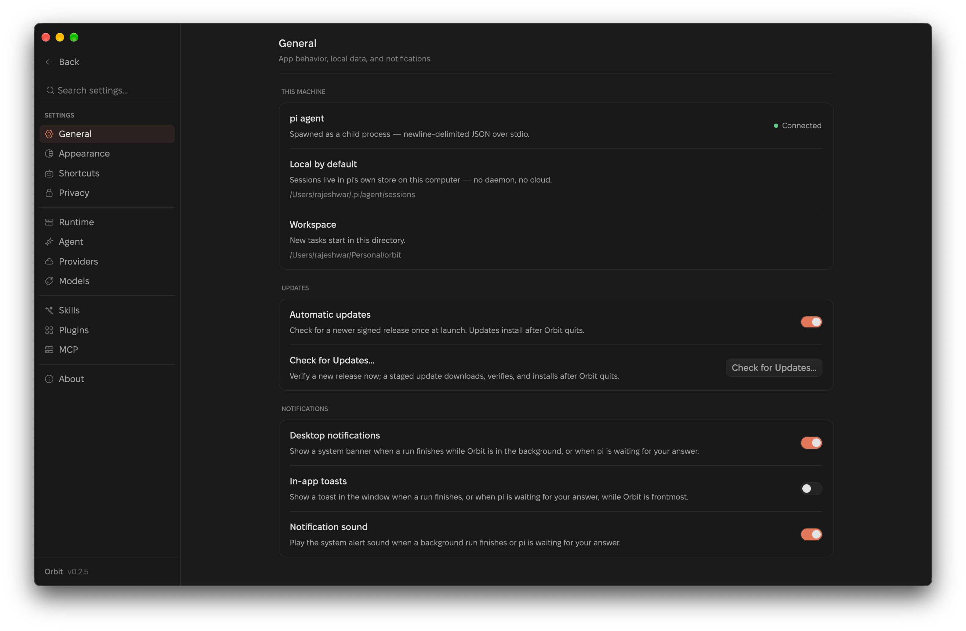 Orbit's General settings showing the connected pi agent, the local session store, the workspace, and notification toggles.