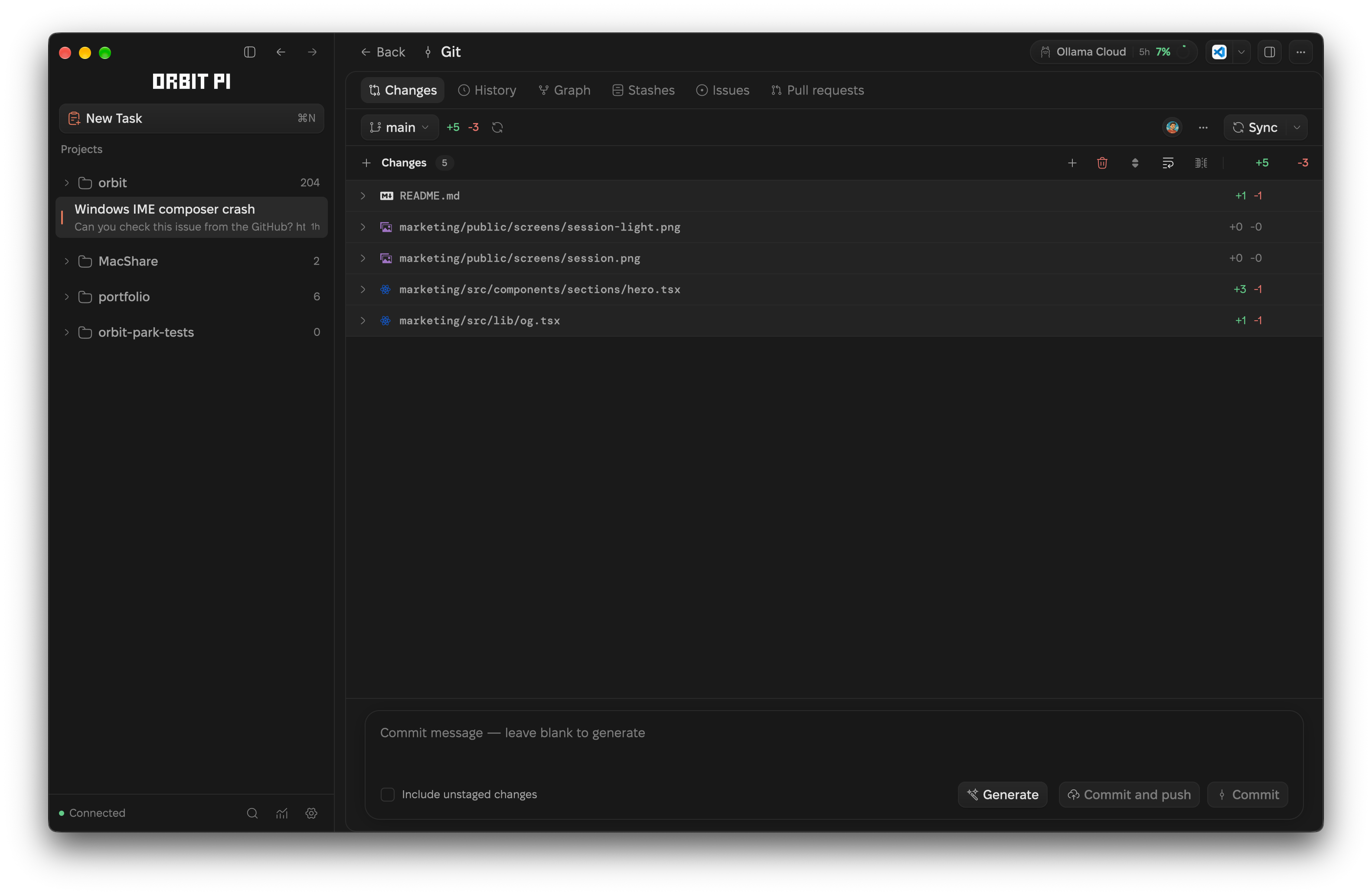 Orbit's Git page listing staged and changed files with line counts and a commit box.