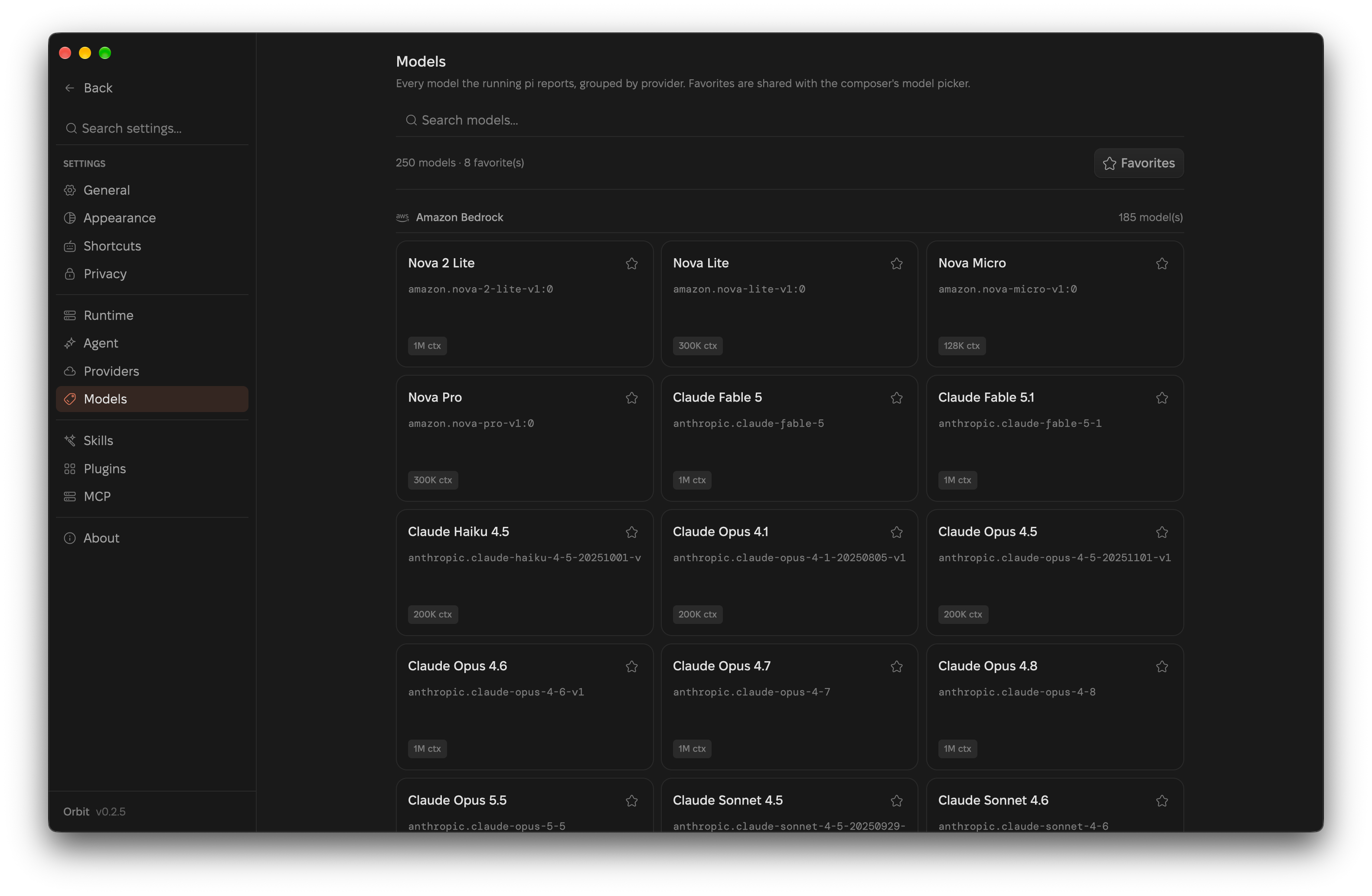 Orbit's Models page listing models grouped by provider with context sizes and favorite toggles.