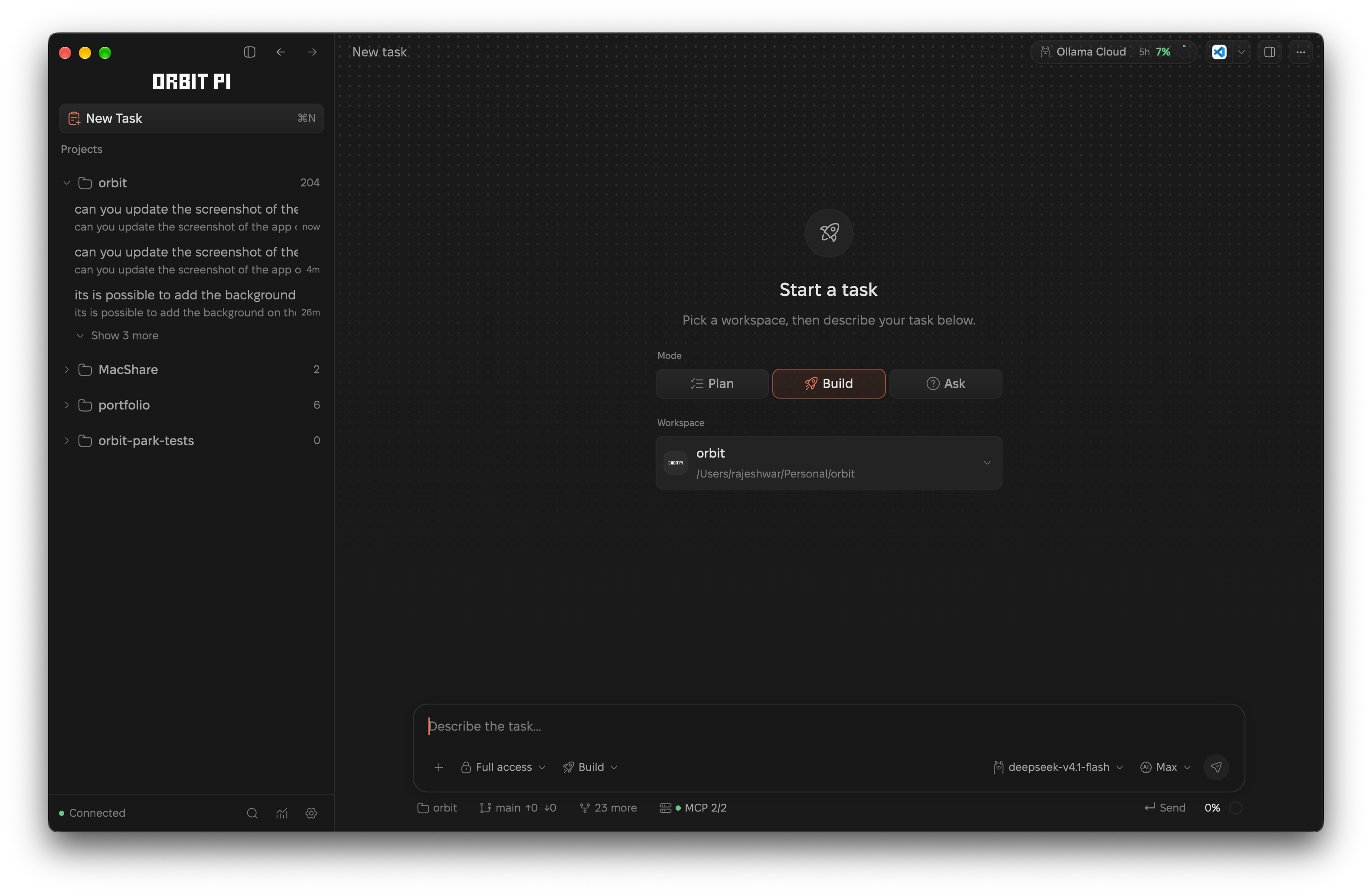 Orbit's new-task page with a workspace picker, the composer, and the access-mode menu open on Supervised, Auto-accept edits, and Full access.