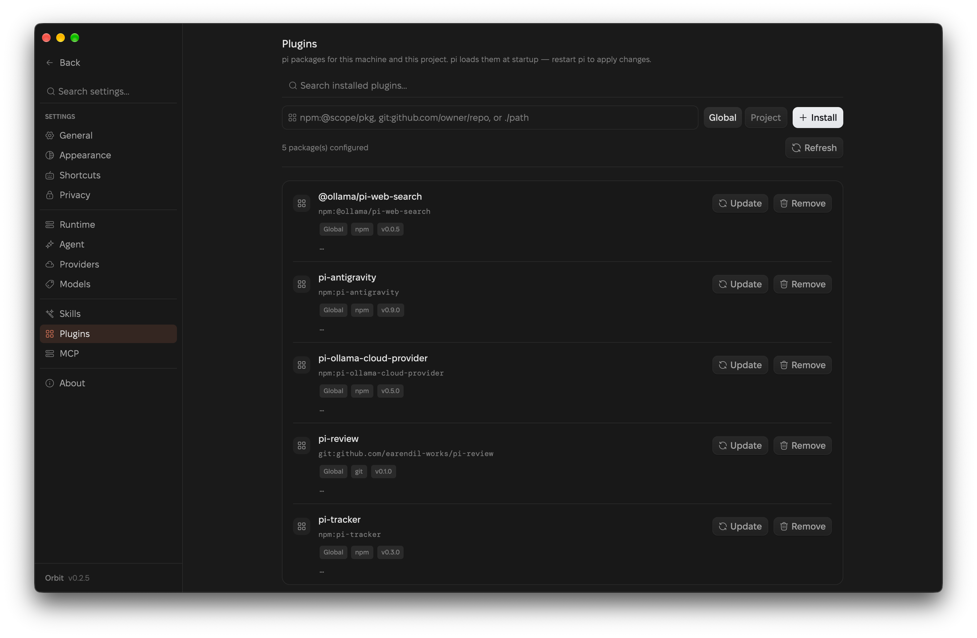Orbit's Plugins page listing installed pi packages with update and remove actions.