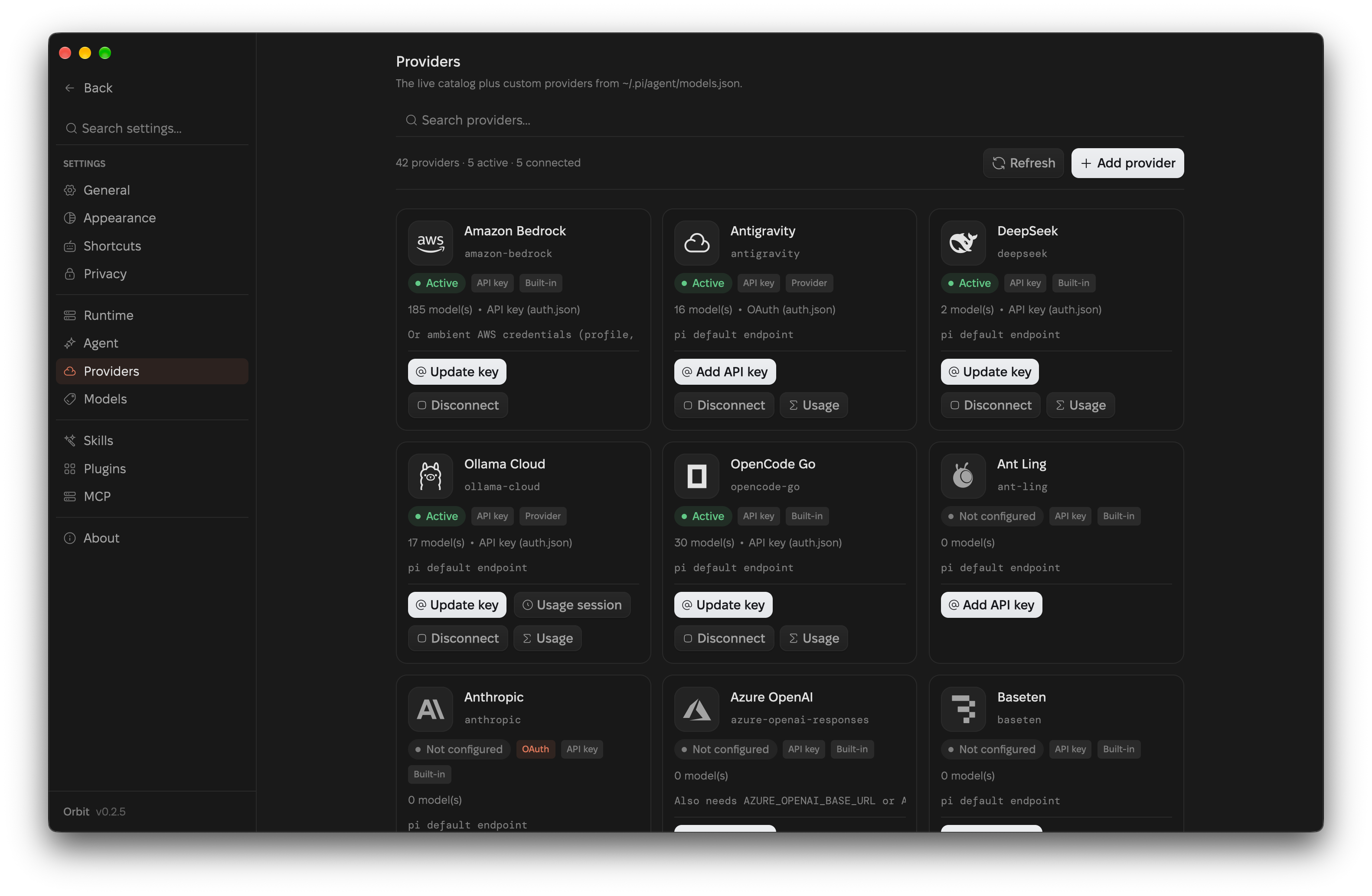 Orbit's Providers page showing provider cards for Ollama, OpenCode Go, Bedrock, and Anthropic with usage meters.