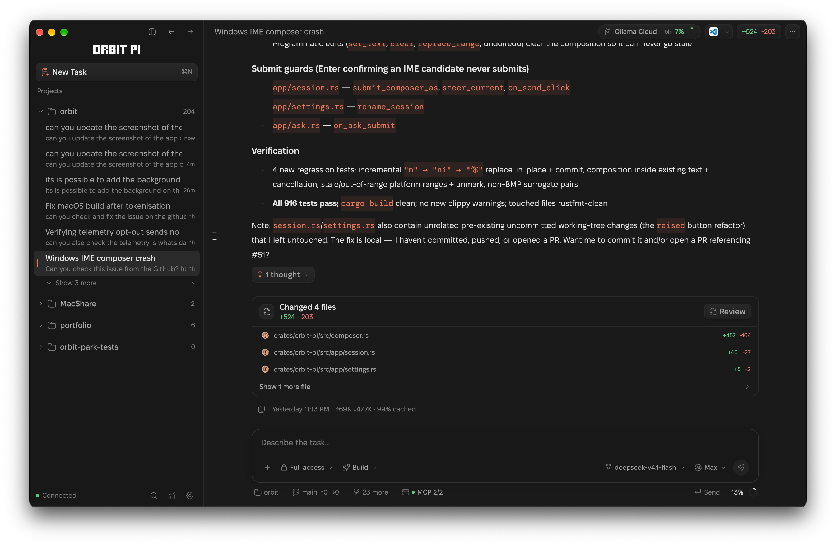 A completed Orbit session: the agent's notes on the Windows IME composer fix and a Changed 4 files card with per-file line counts, above the composer.