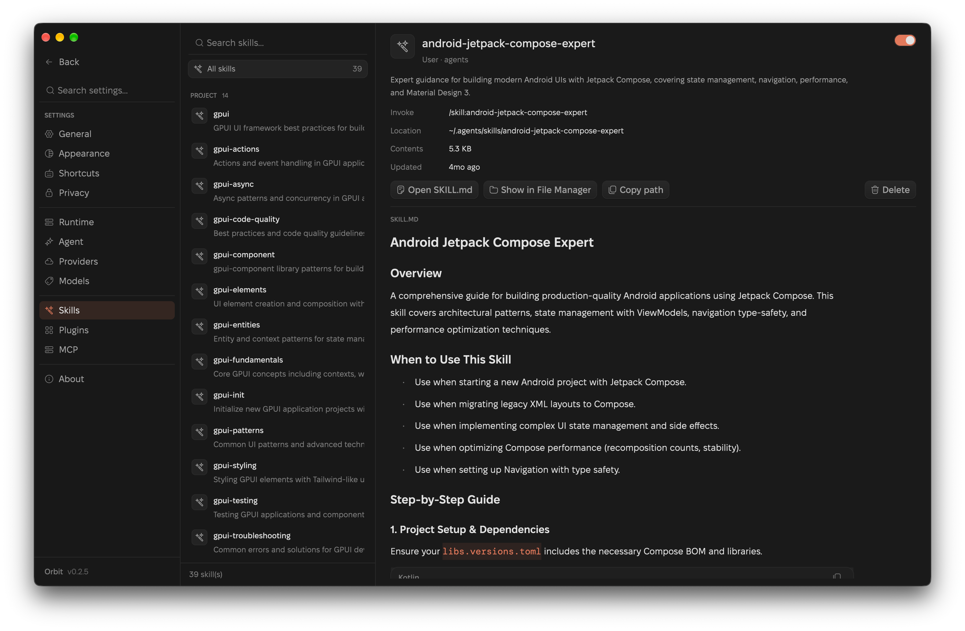 Orbit's Skills page listing project and global skills with the selected skill's SKILL.md rendered on the right.