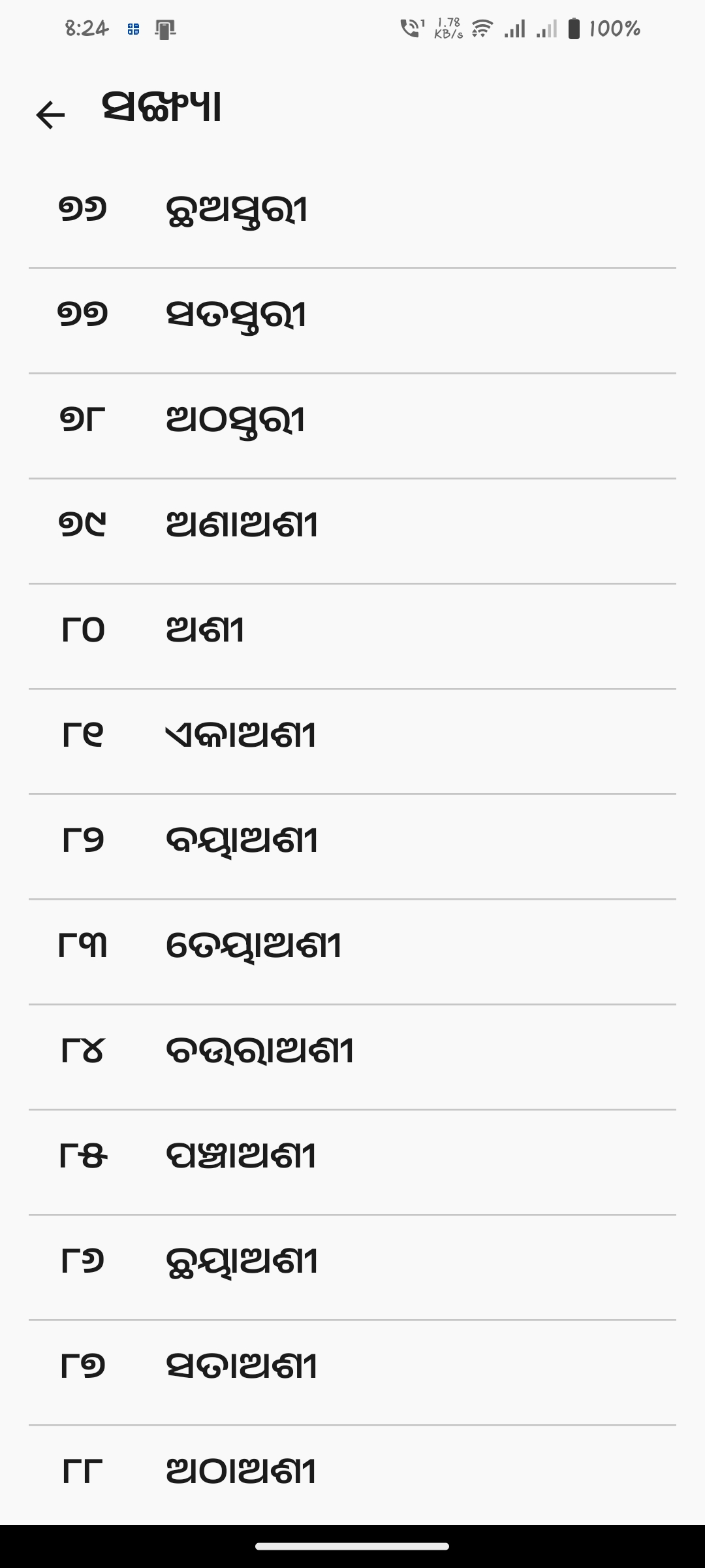 Odia Numbers 76 to 88 screen.