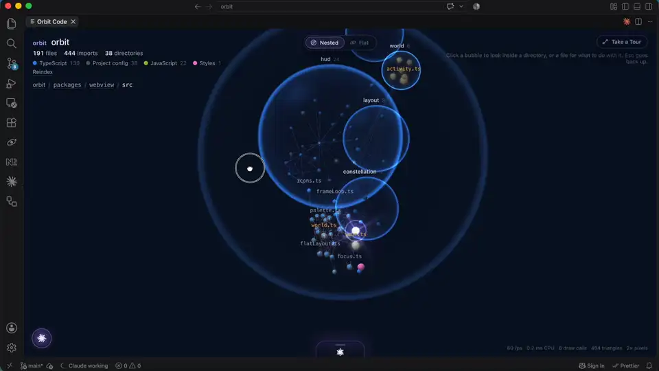 Claude Code refactoring a file in Orbit Code: its star moves through the 3D dependency graph, the view turns Flat, and a permission card asks to allow a command