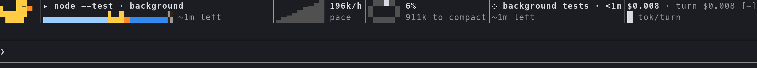 The band after the turn ended, while the full test suite runs in the background: "node --test · background" with the duckling crossing toward "~1m left", and the checks tile saying "◌ background tests · <1m" with "~1m left" under it