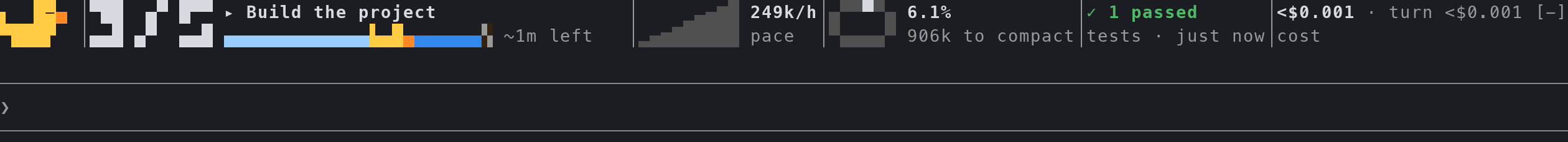 The band in a real session with the task tools turned on (CLAUDE_CODE_ENABLE_TODO_TOOLS=1): the list at 3/5 with "Build the project" running, the duckling crossing toward the flag with about 1 minute left, and the latest tests passing