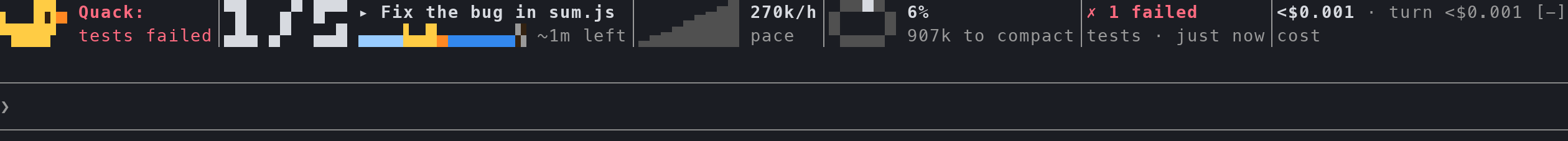 The duck awake beside "Quack: tests failed" while the task list is at 1/5 with "Fix the bug in sum.js" next, and the duckling sets off across the pond