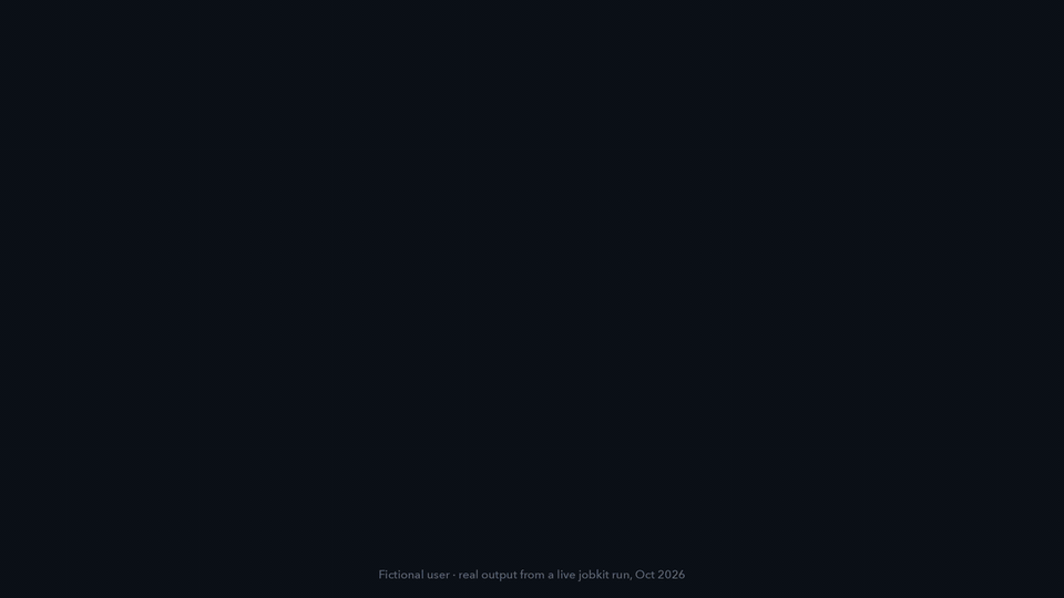 jobkit in under a minute: it interviews you in depth, you type one sentence, it reads every posting, two blind judges decide, your resume uses only what you confirmed, invented lines are refused