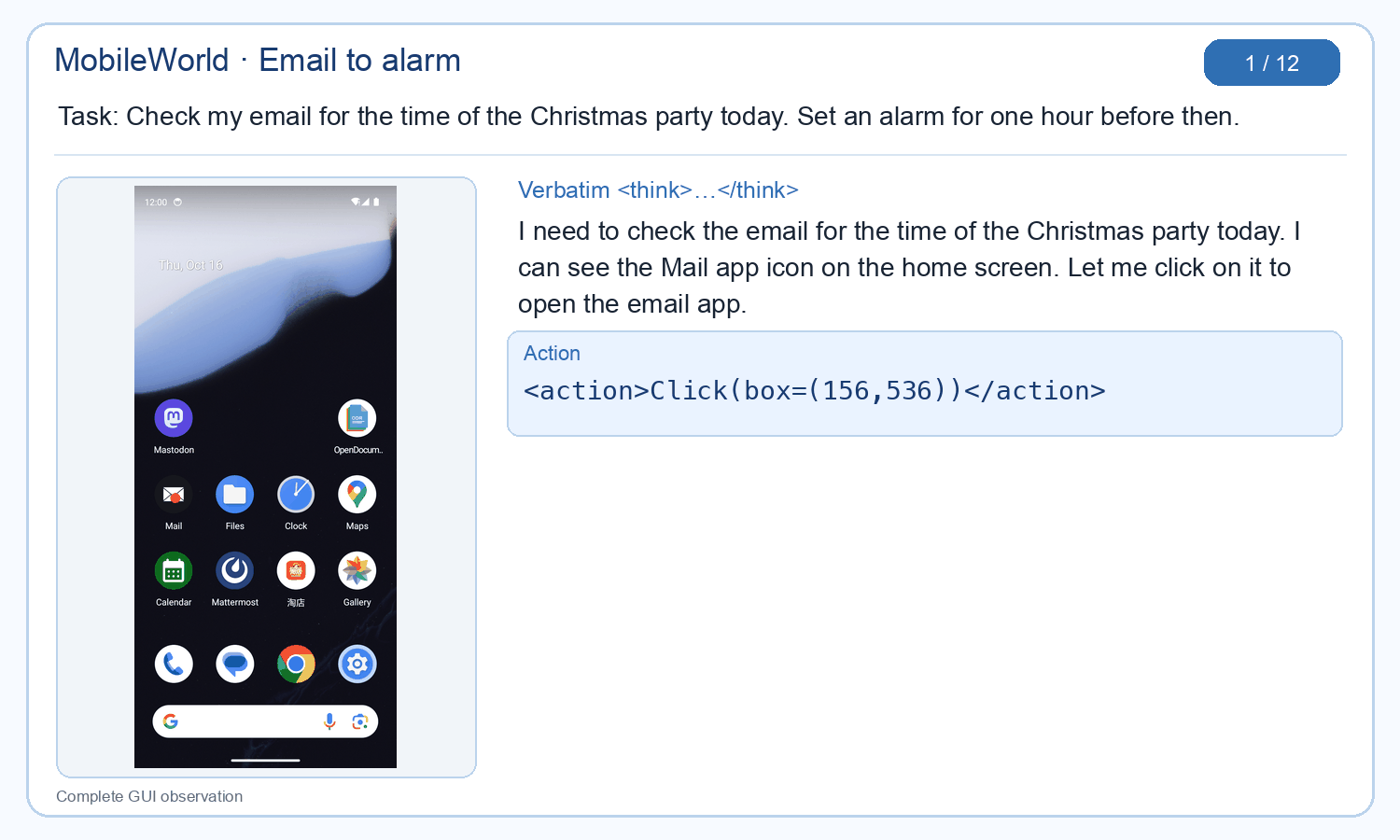 Complete MobileWorld email-to-alarm trajectory