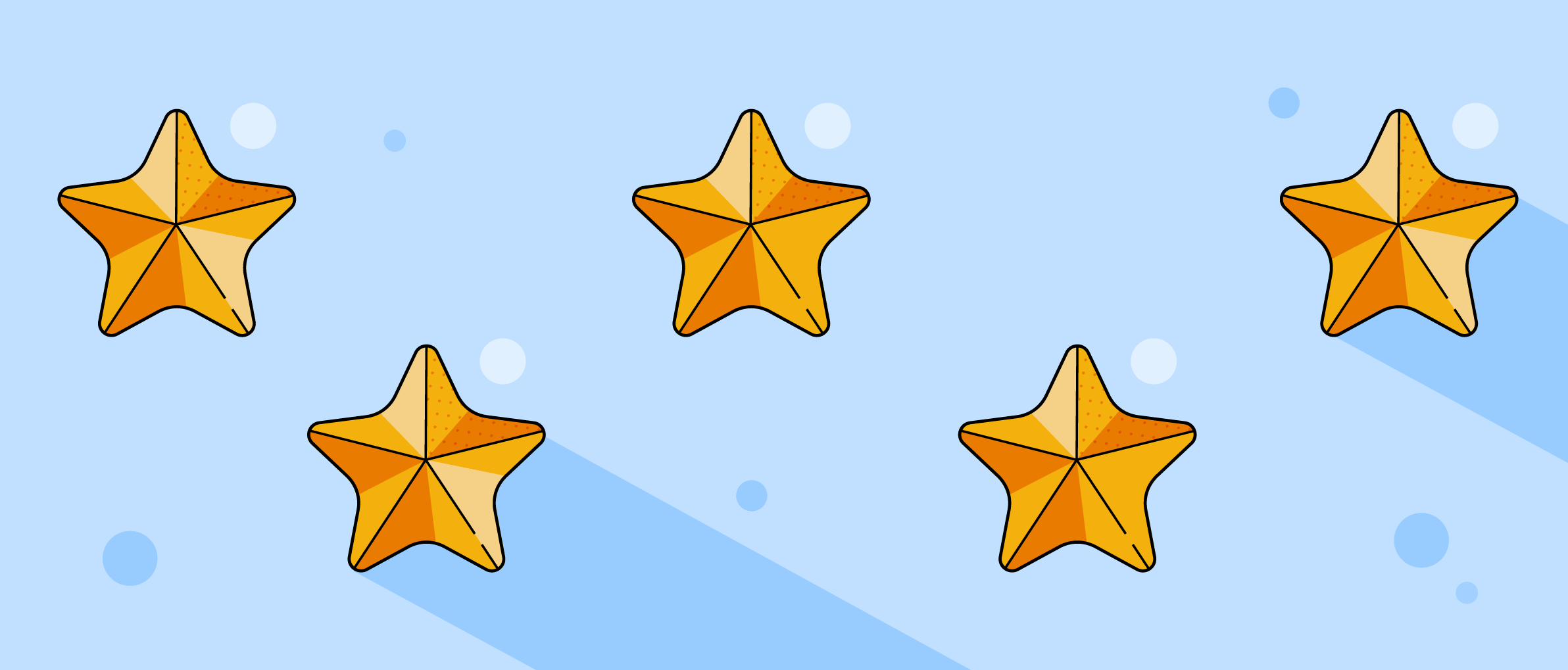 Banner of five cartoony gold-colored starfishes arranged like Olympic circles, but with some spacing between, on a background of water