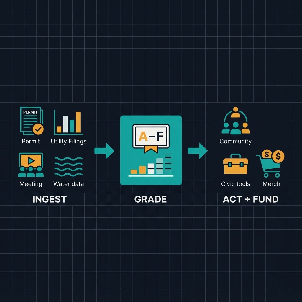GridWatcher ecosystem: ingest public records, grade, then act and fund