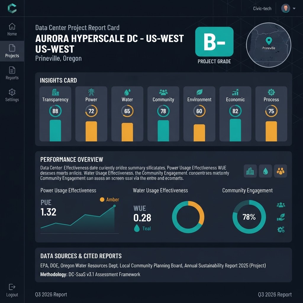 GridWatcher project report card with A–F grade and seven scored pillars