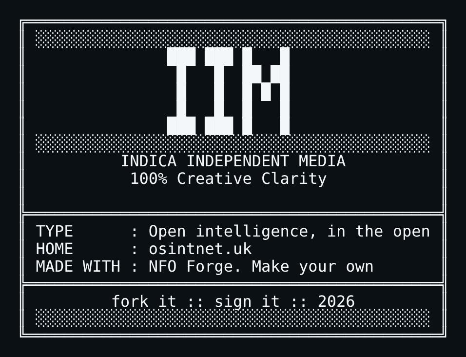 A boxed release-file badge reading Indica Independent Media, 100% Creative Clarity, made with NFO Forge. Select it to open NFO Forge and design your own.