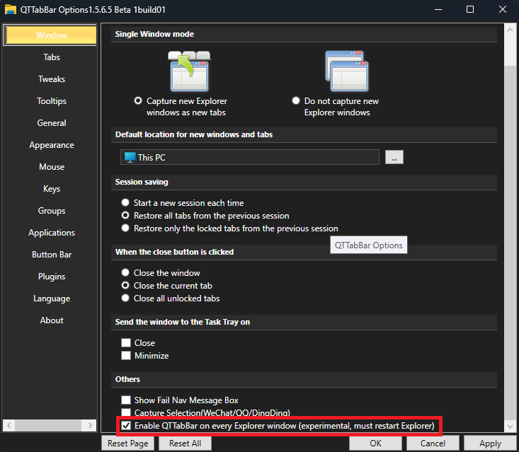 QTTabBar Options — Enable QTTabBar on every Explorer window