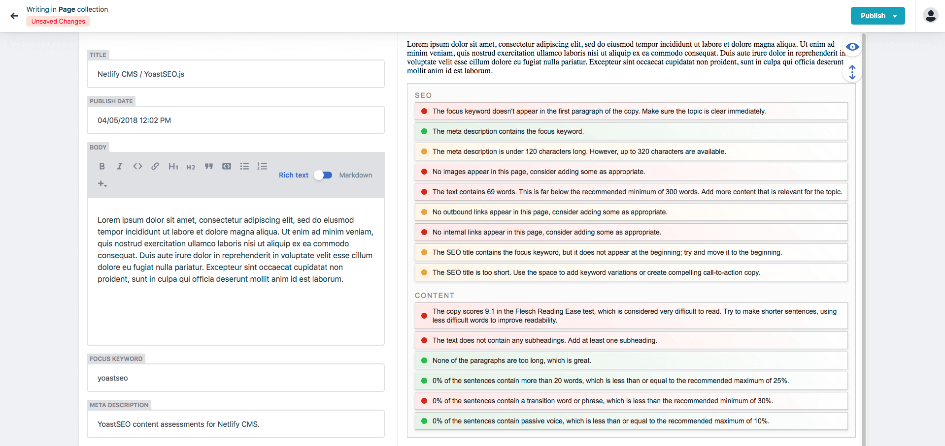 screenshot showing yoast seo assessments in netlify cms