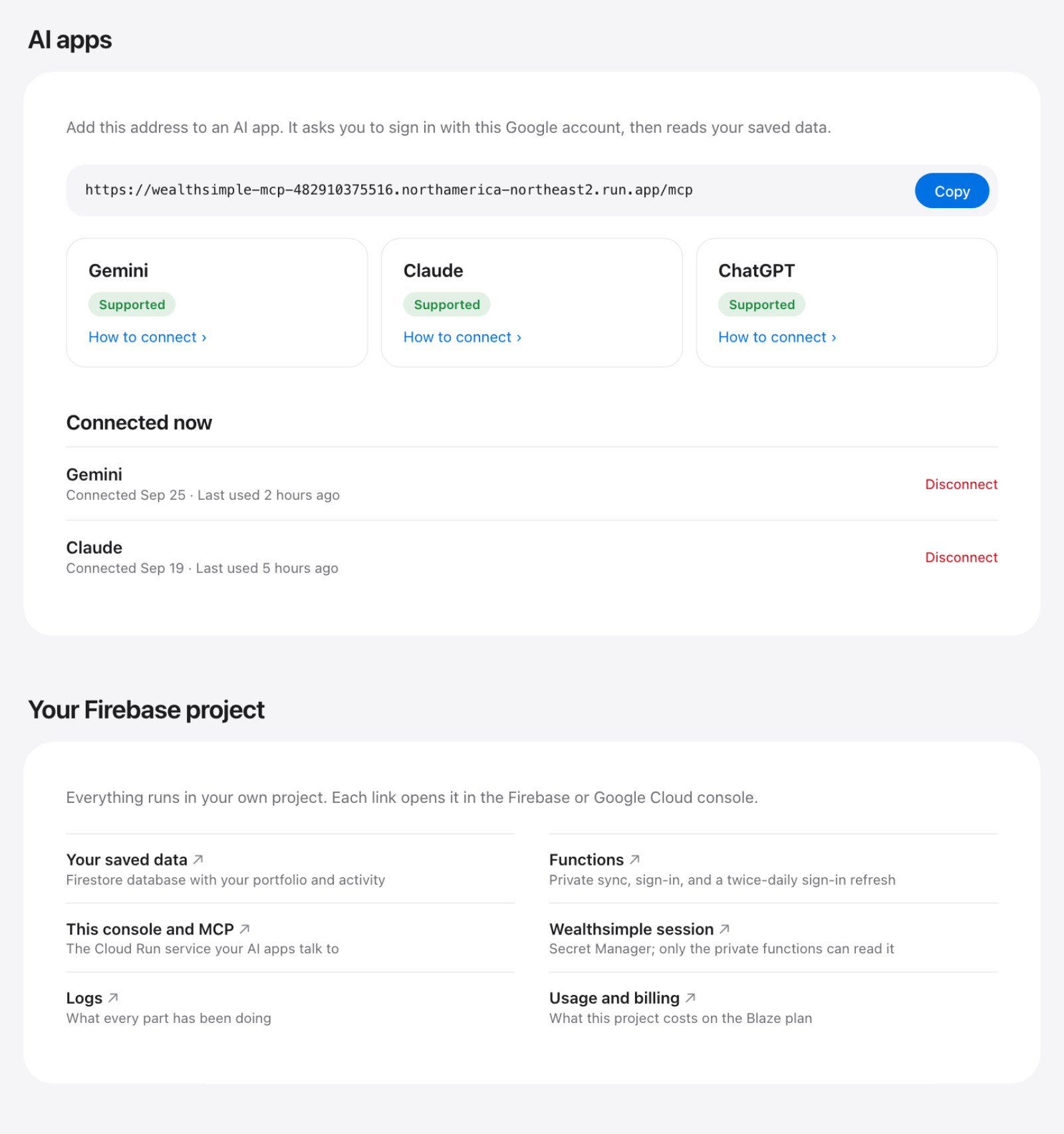 Dashboard sections for AI apps and for your Firebase project's resources, each linking to the Firebase or Google Cloud console