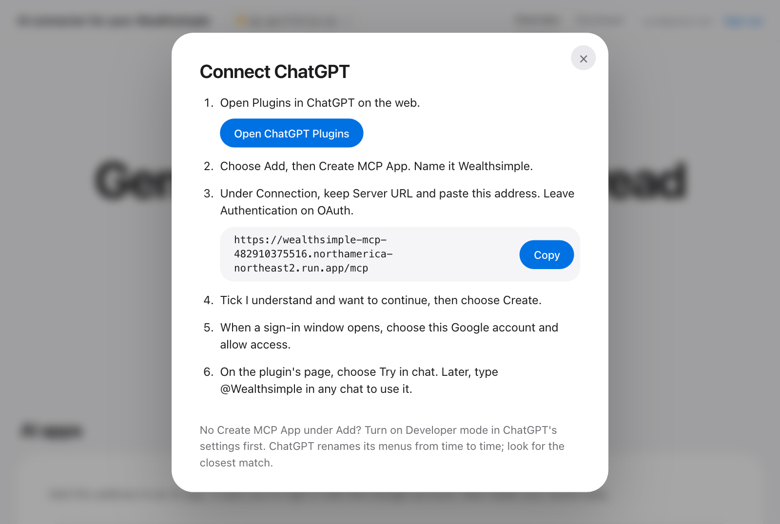 Step-by-step sheet for connecting ChatGPT, with the address to copy