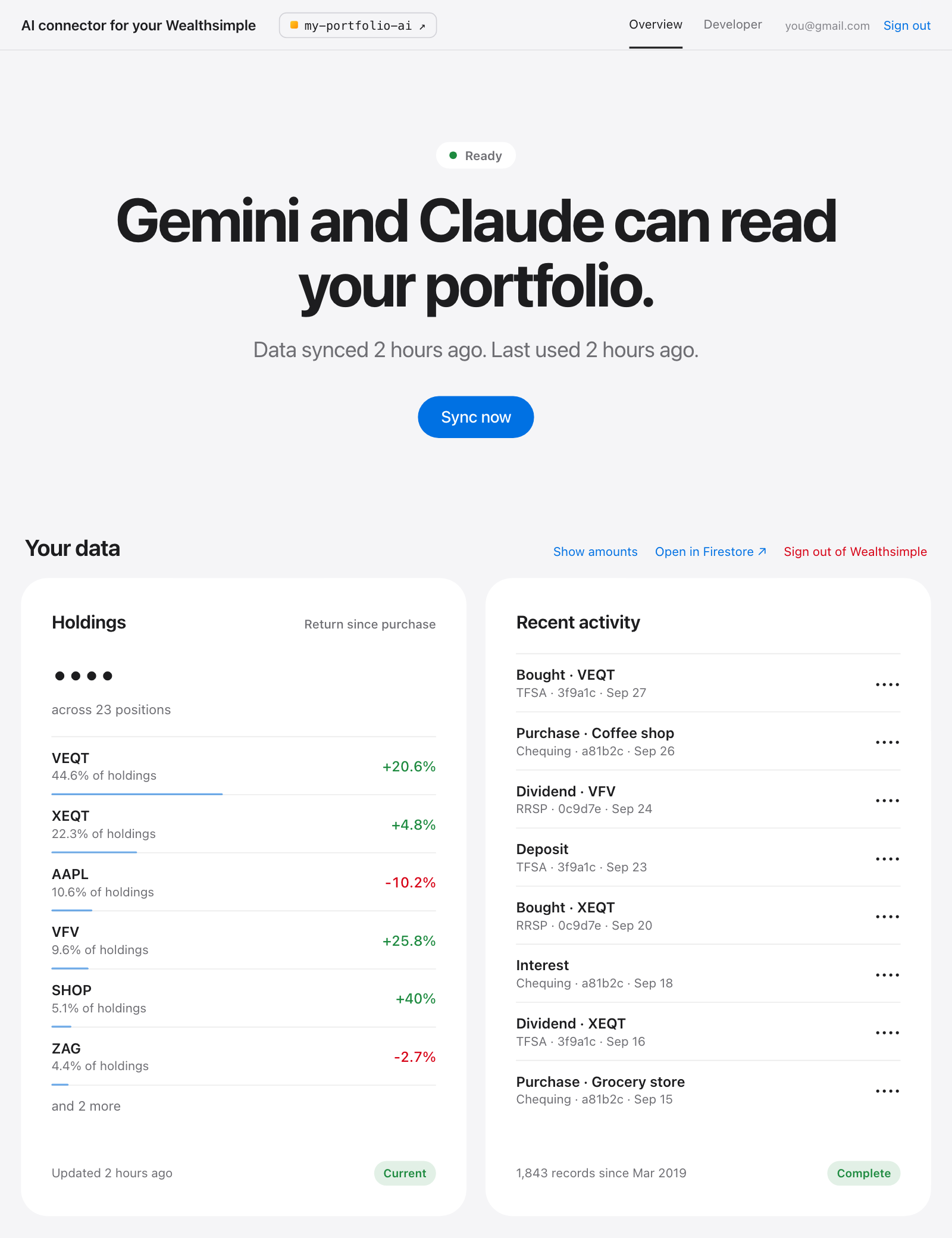 Dashboard overview: Gemini and Claude can read your portfolio, with holdings shown as weights and returns since purchase, and recent activity