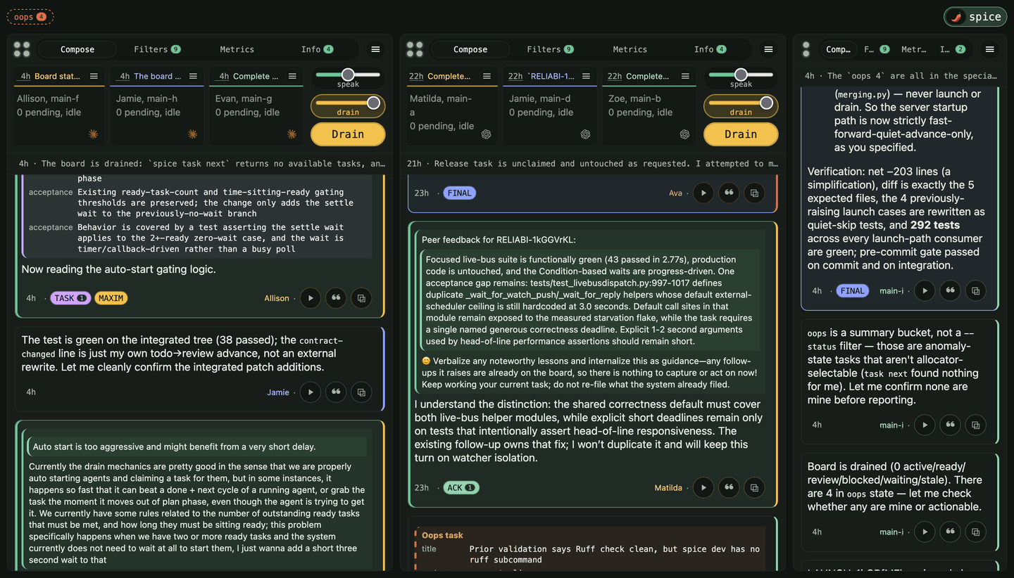 Spice fleet operations console across active agent lanes