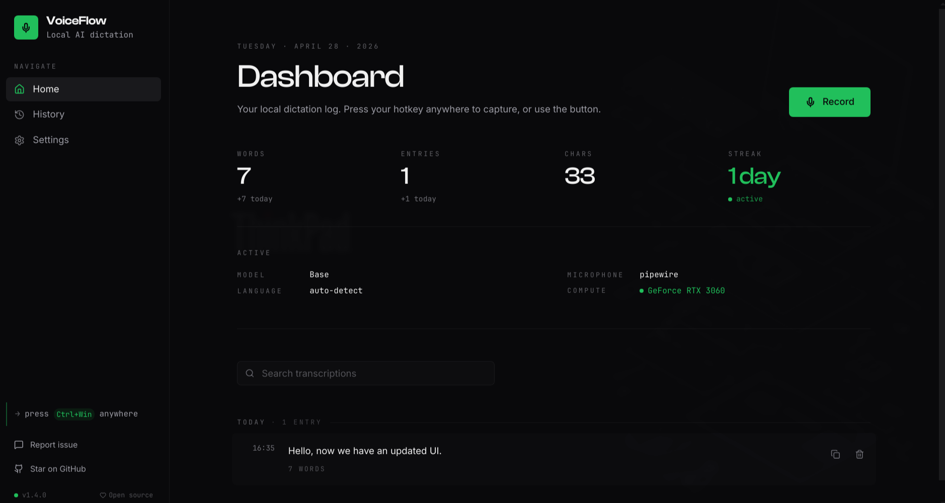 VoiceFlow dashboard