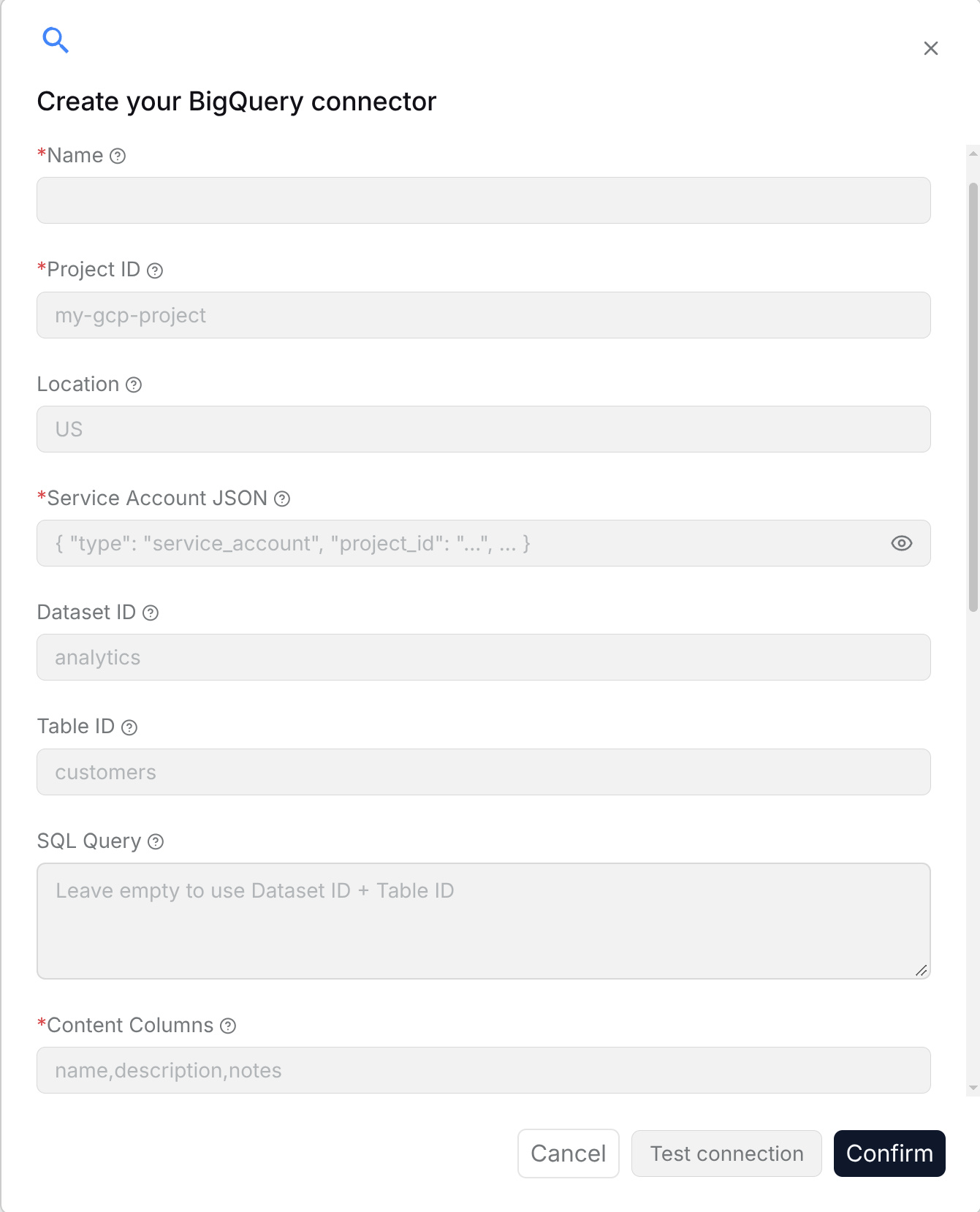 BigQuery connection configuration