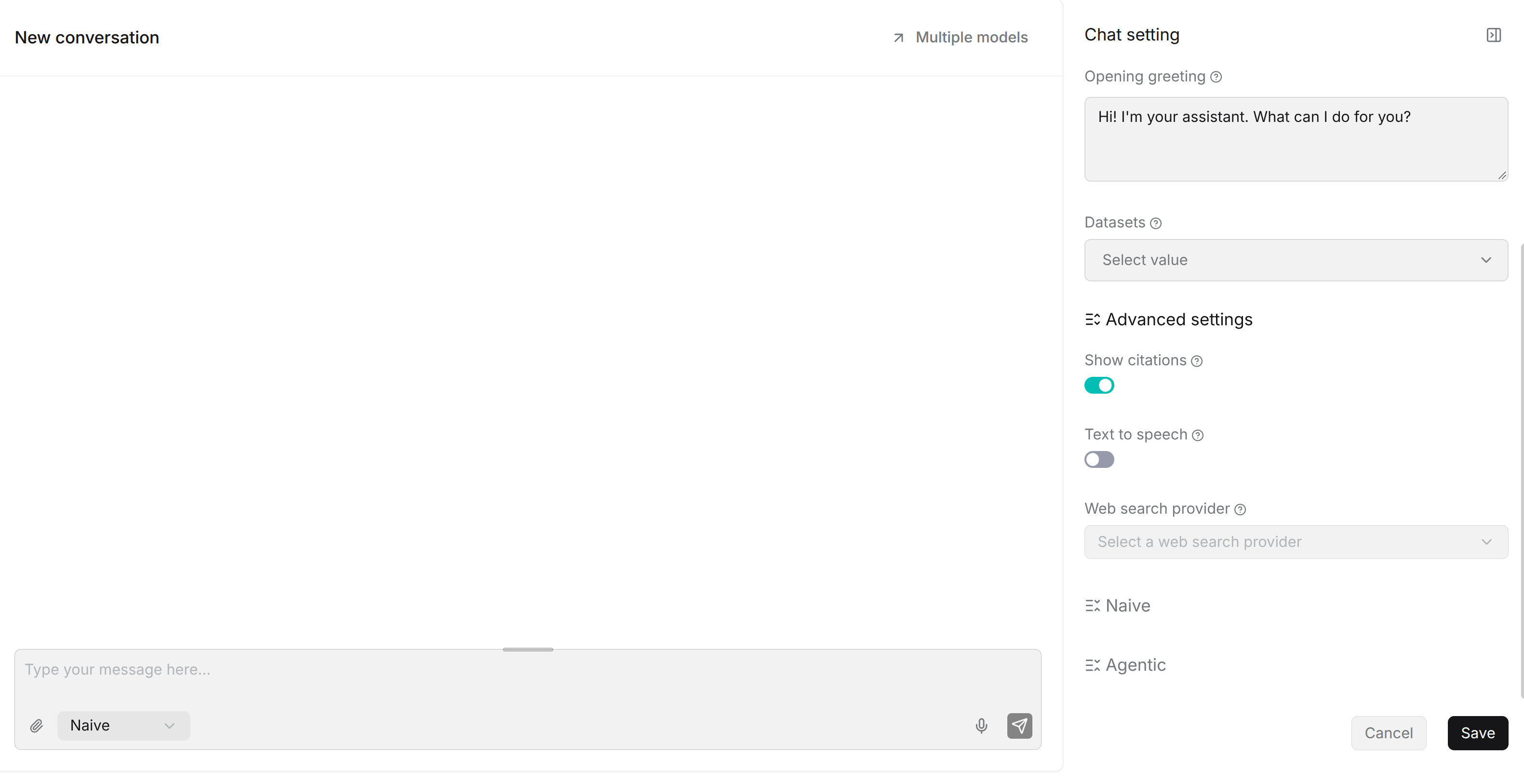 Chat advanced settings with shared options and Naive and Agentic groups