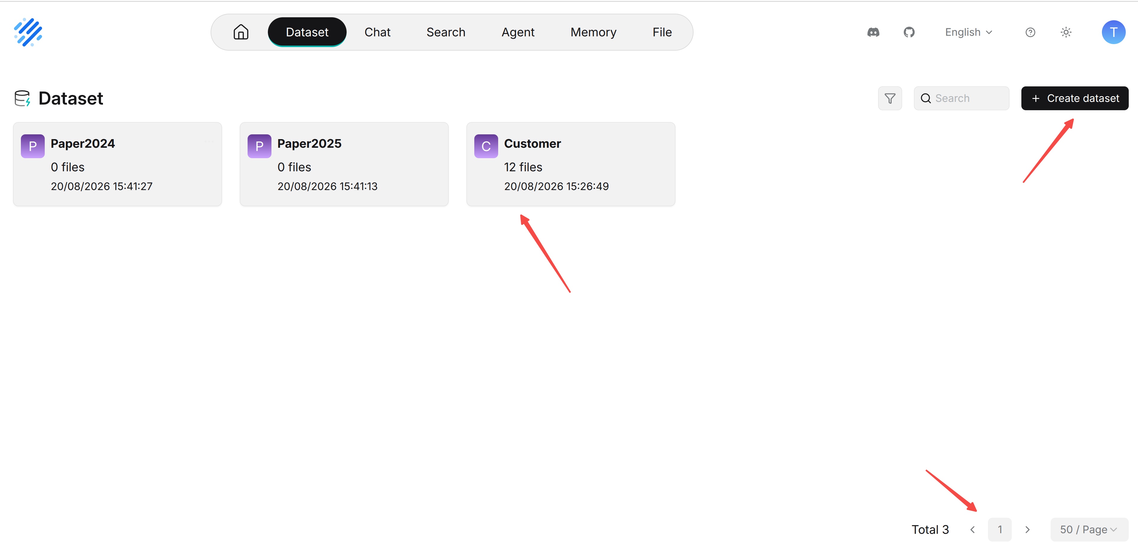 Dataset list and creation entry