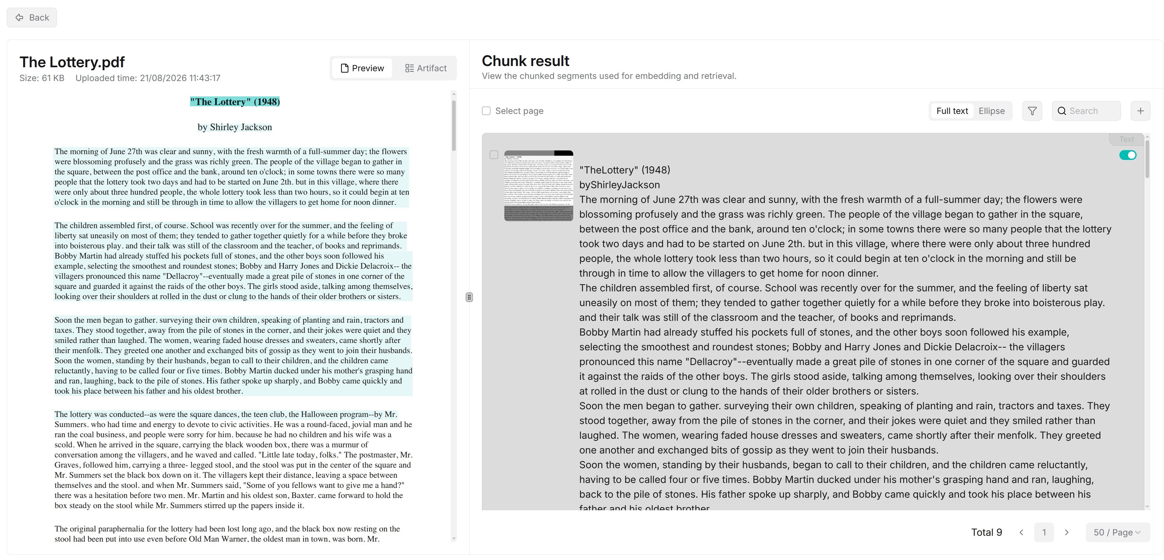 Compare source content with parsed chunks