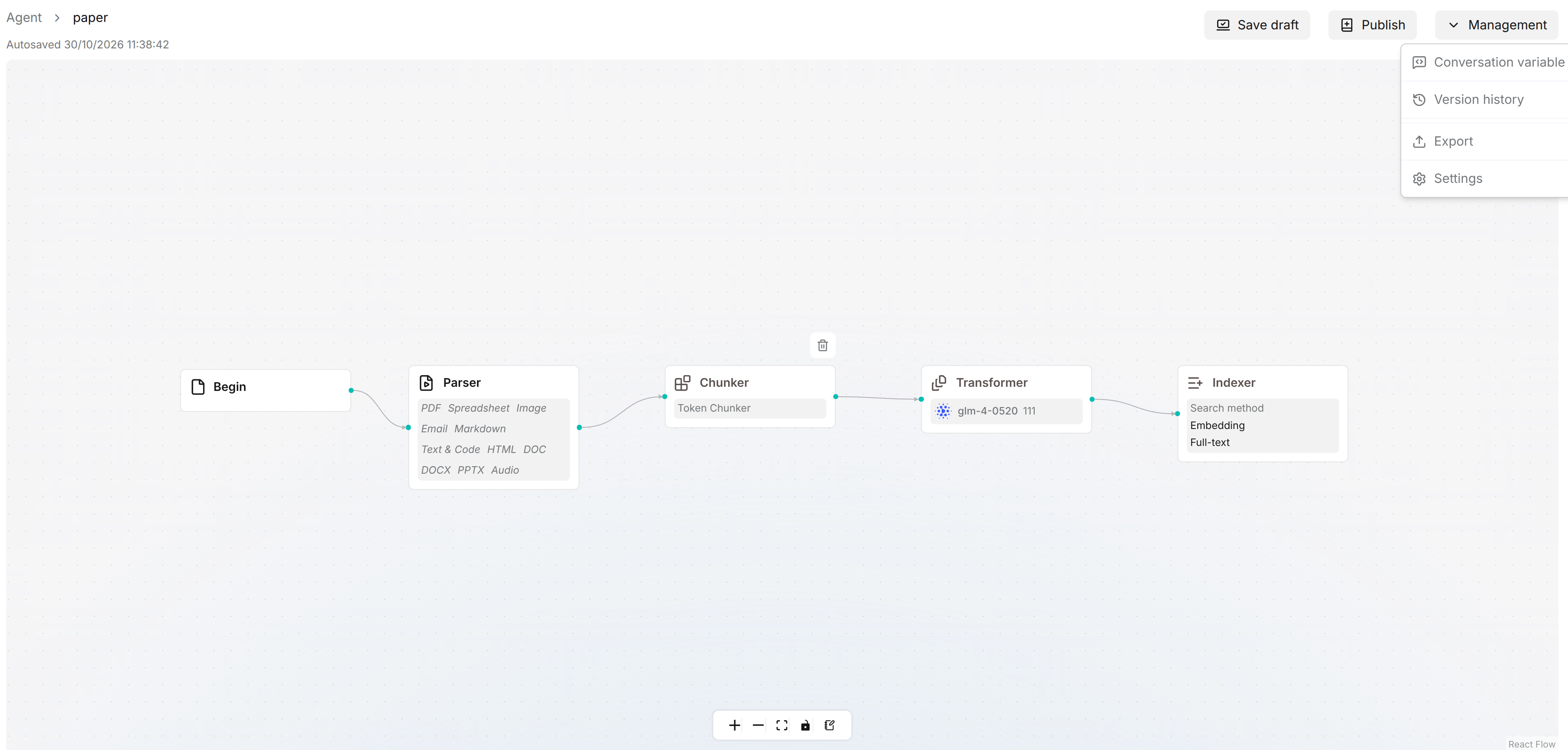 Pipeline Save draft, Publish, and Management menu