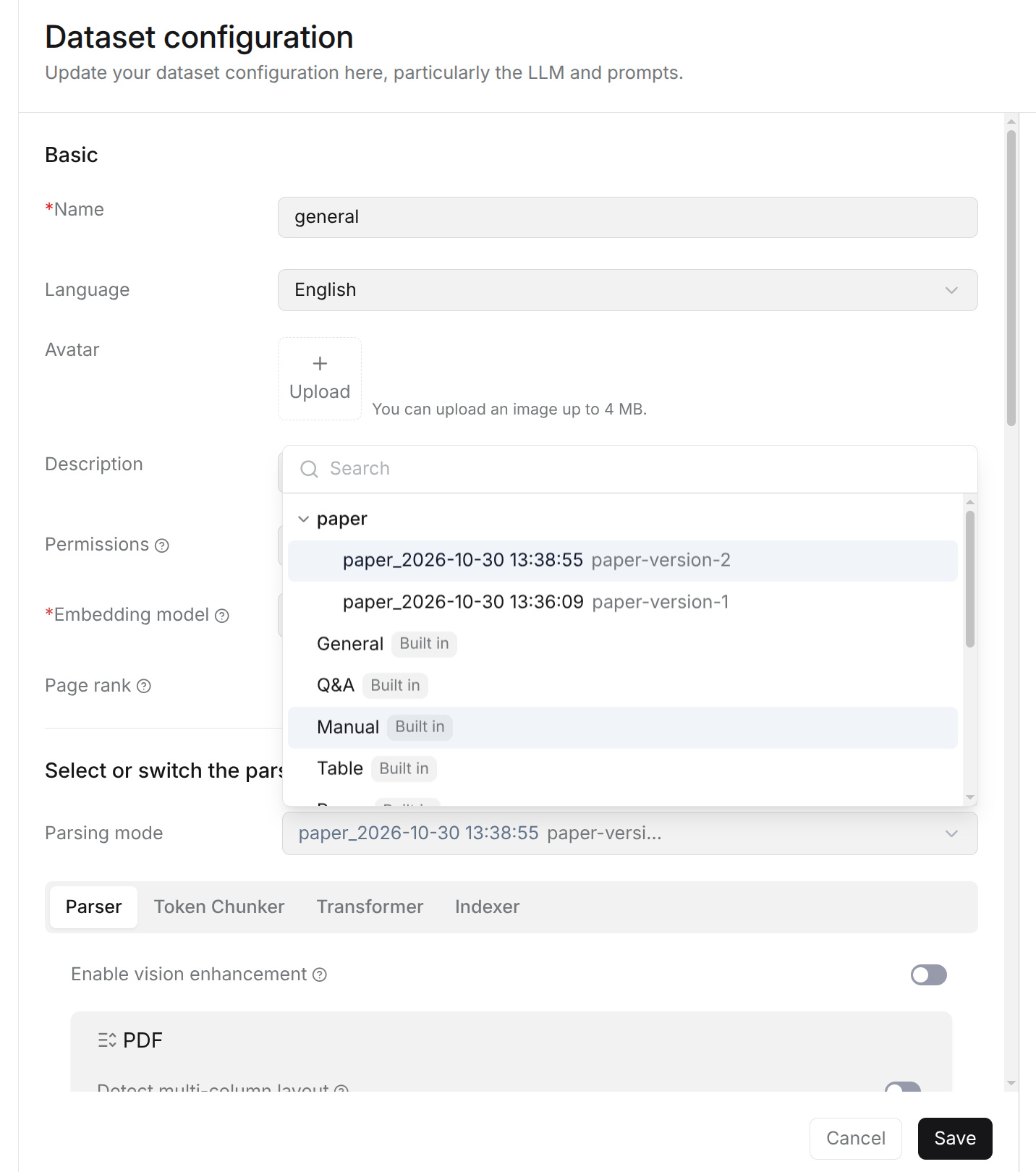 Parsing mode dropdown with a custom pipeline expanded to show published versions