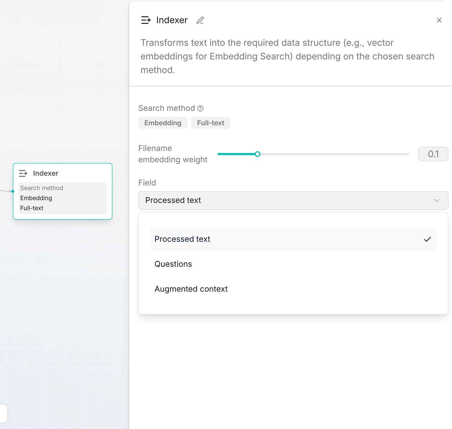 Indexer search methods, filename embedding weight, and Field options