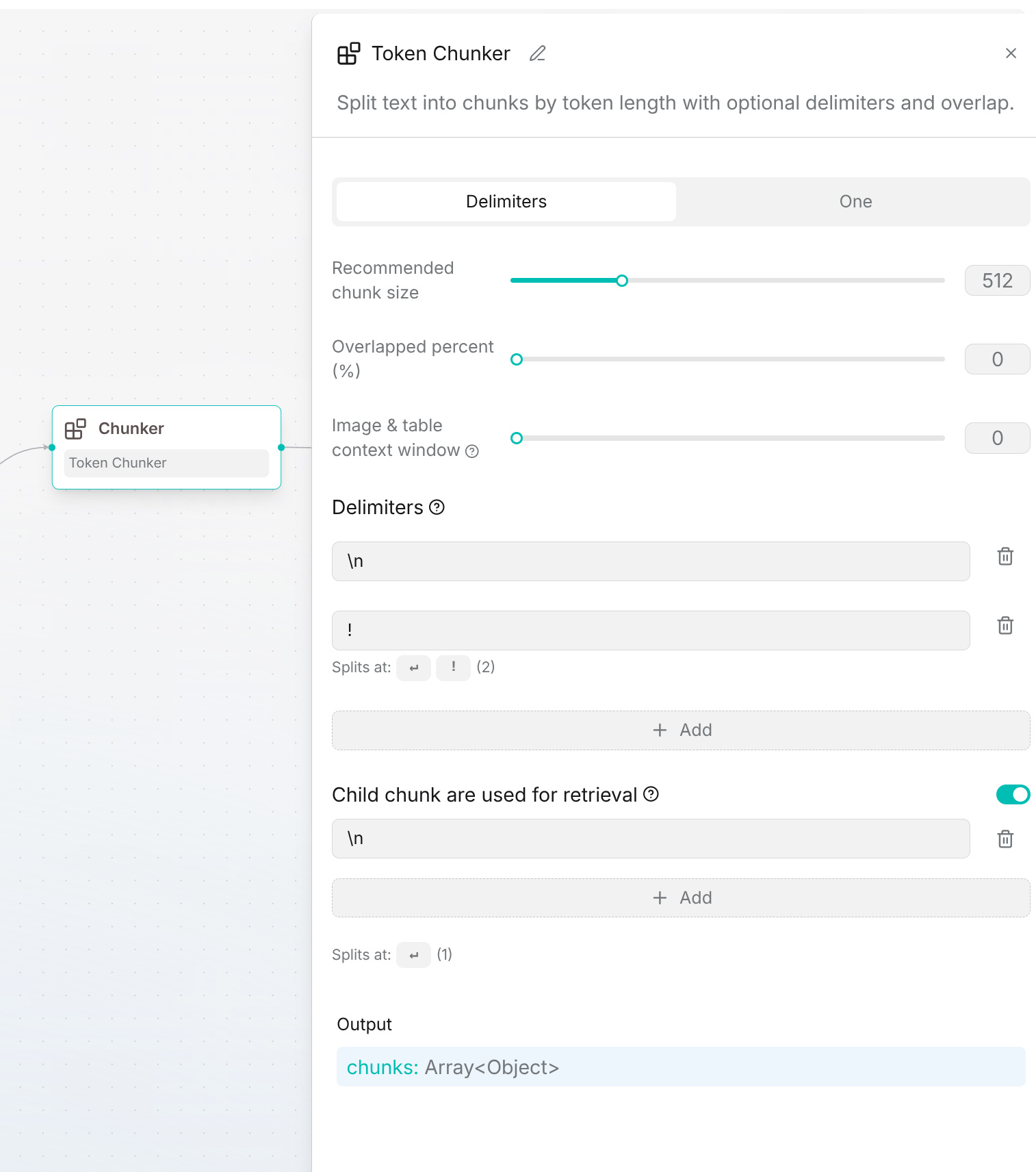 Token Chunker delimiters and child chunk settings
