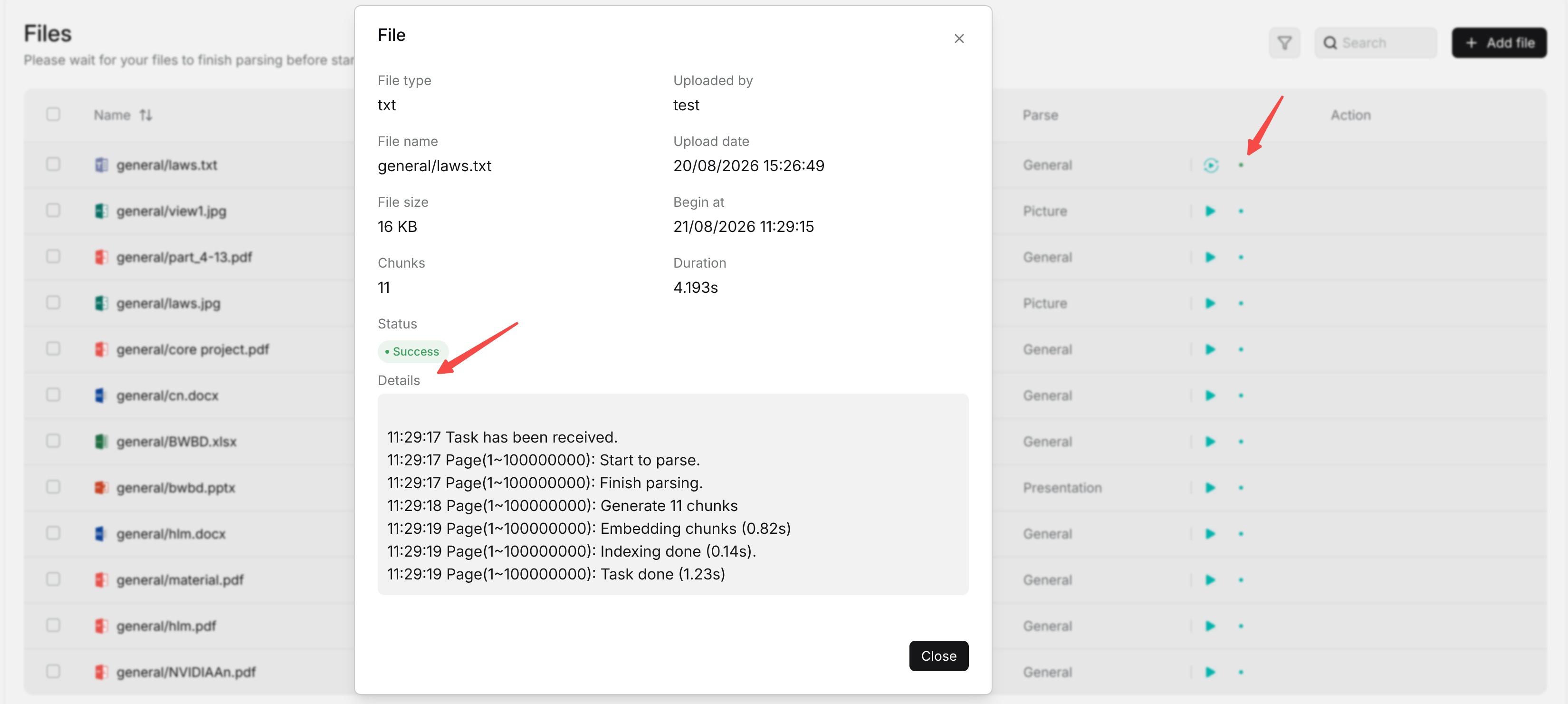 View parsing task details and logs