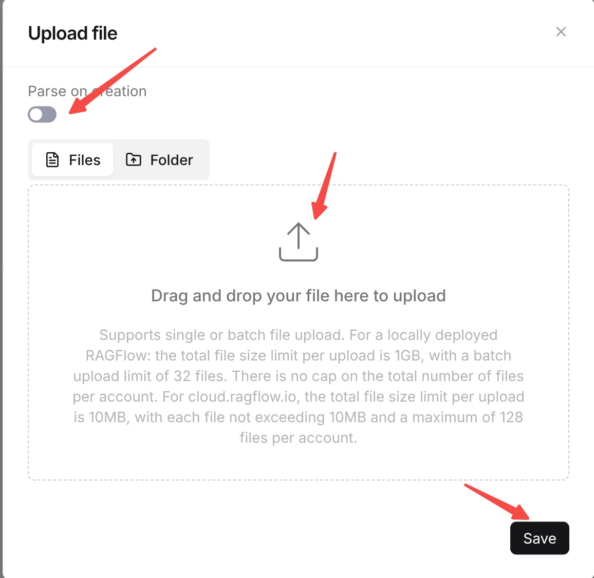 Upload documents and choose whether to parse on creation
