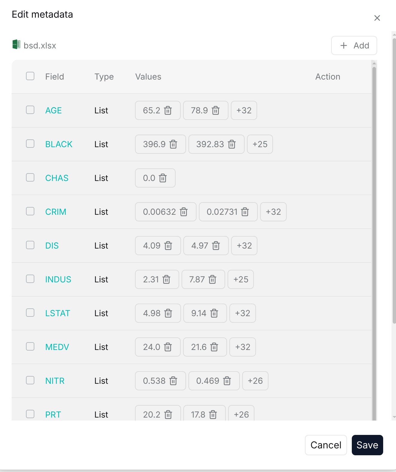 View metadata fields, types, and values