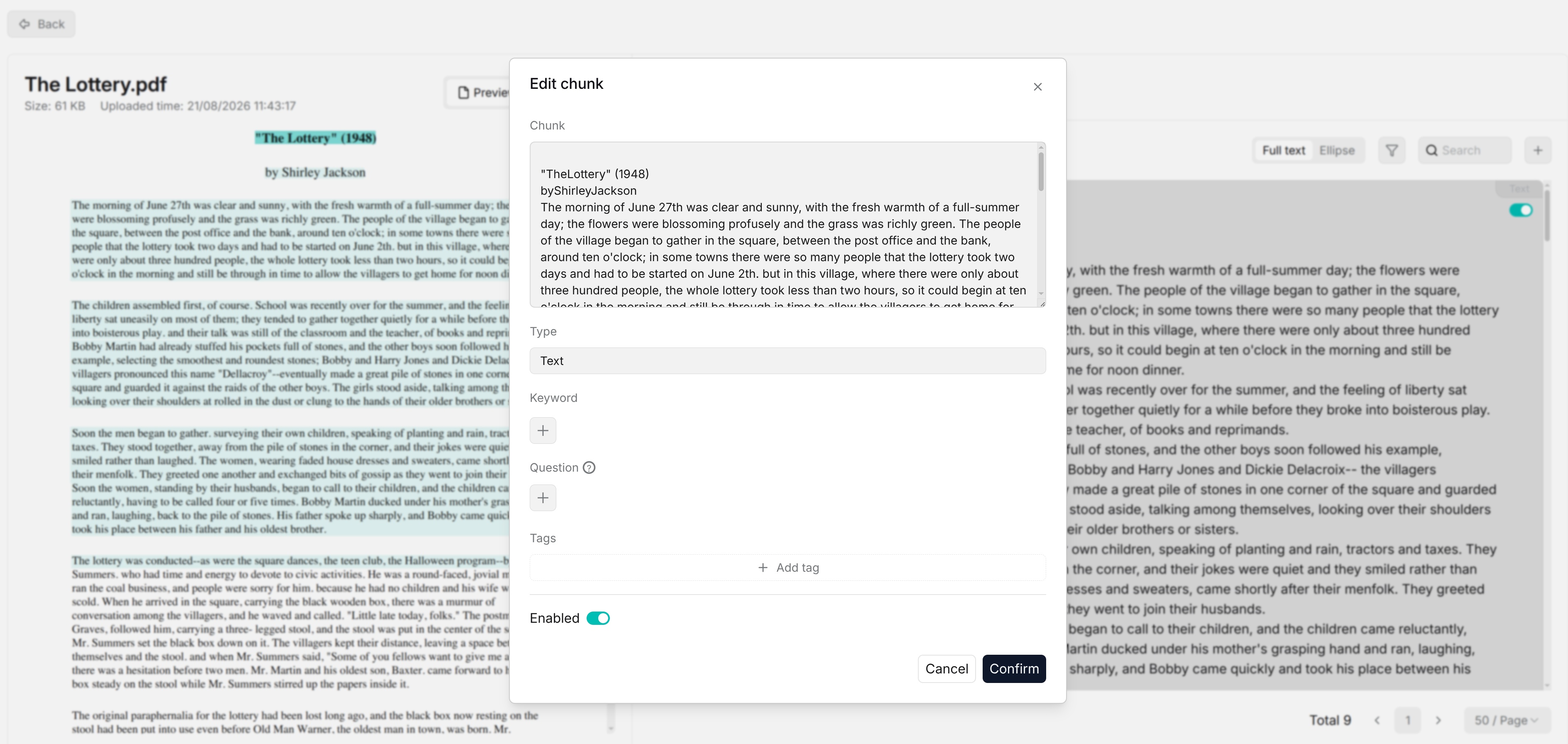 Edit chunk content and related fields