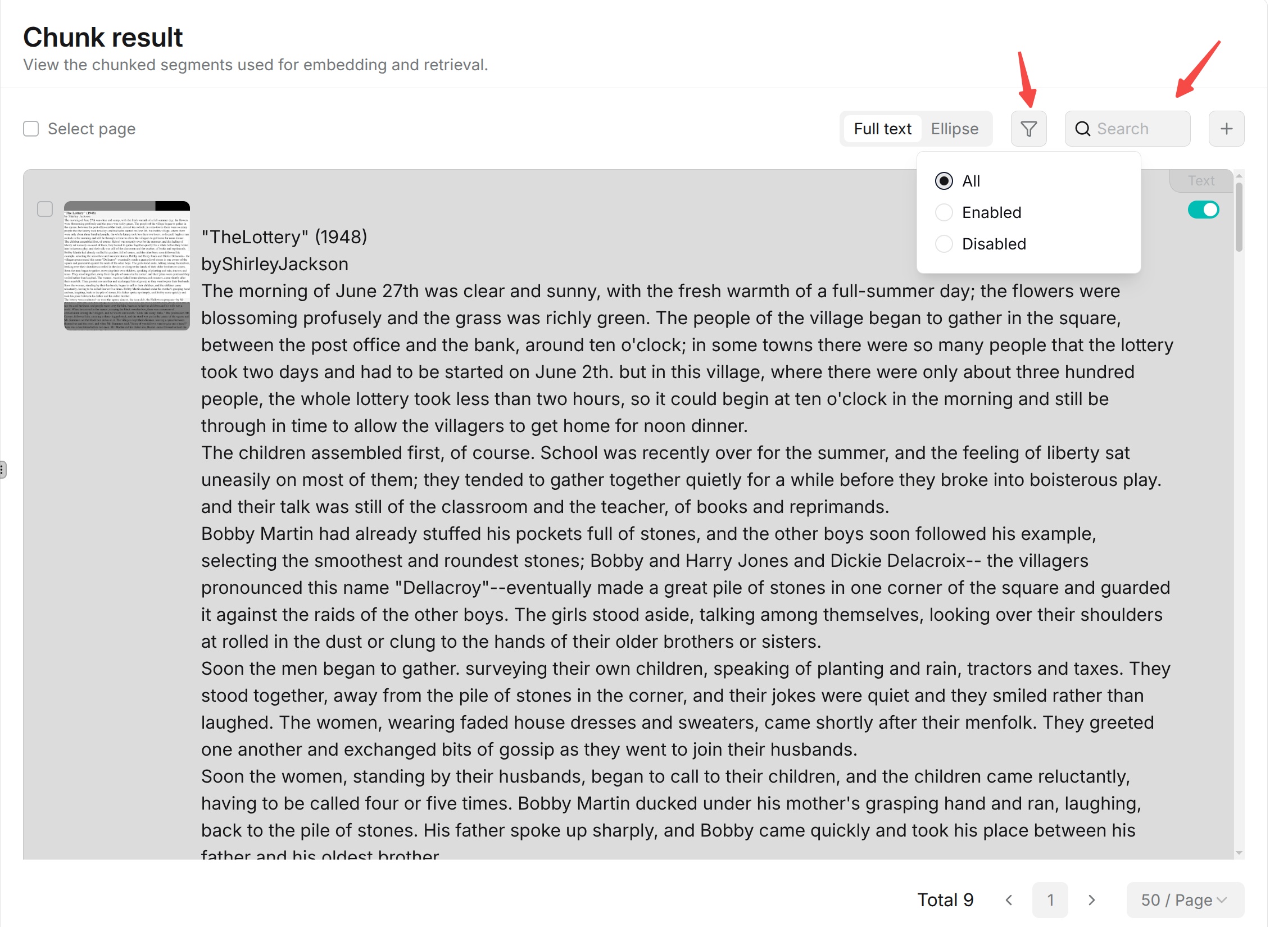Search and filter chunks