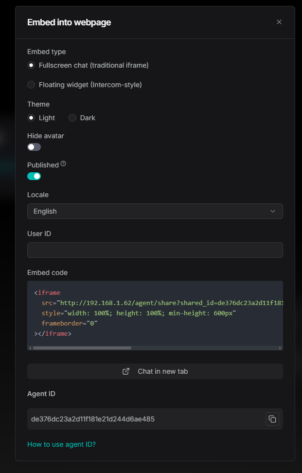 Agent embedding settings