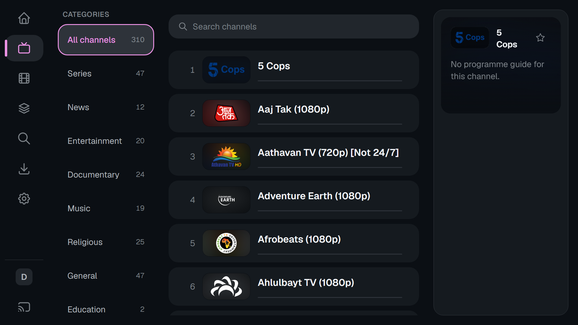 Live TV on Android TV with channel tiles and a programme panel