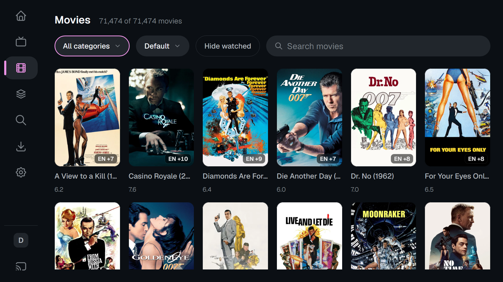 Movies grid on the Android TV interface with ratings and language pills