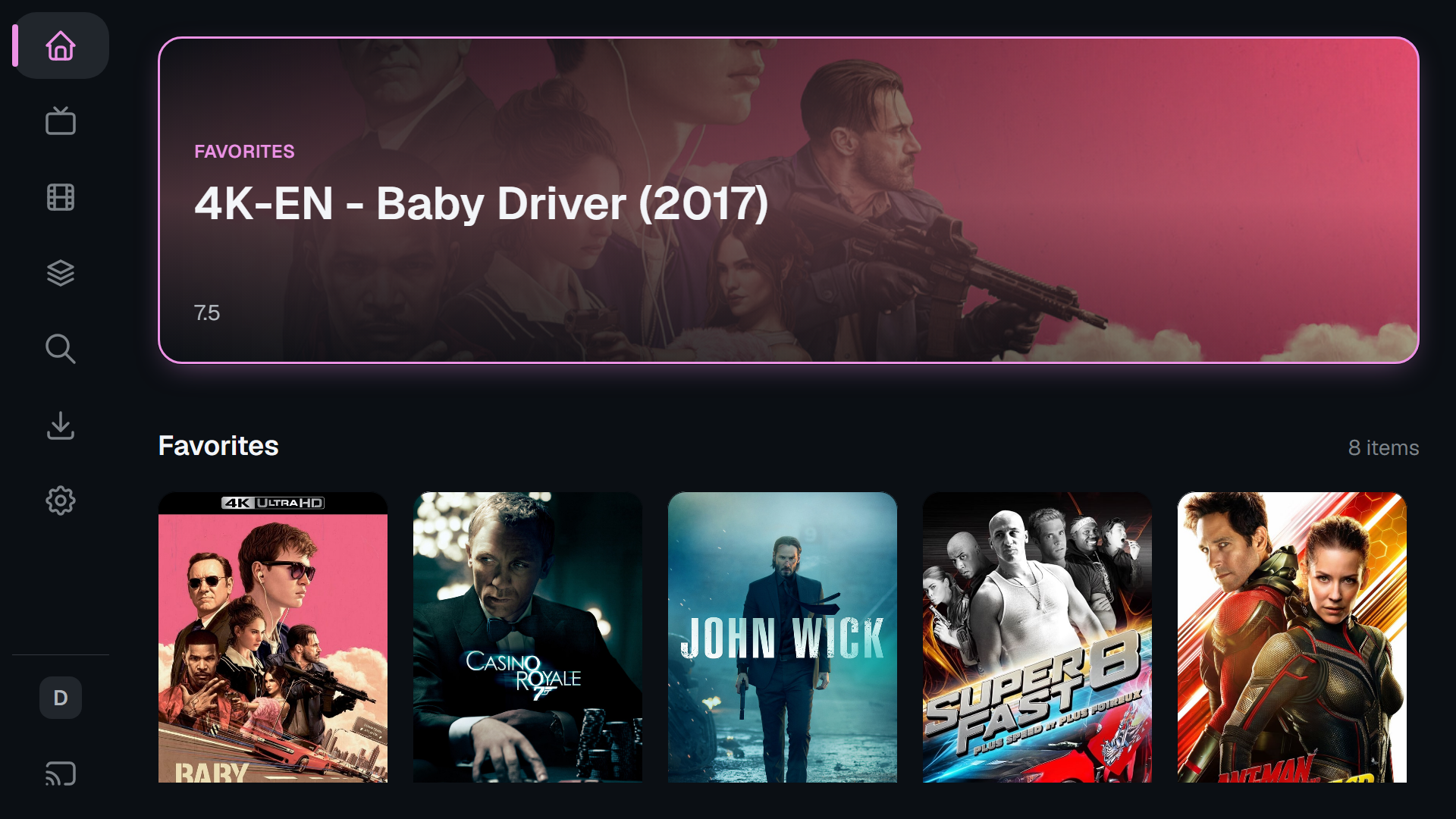 Android TV home screen with an artwork hero and a favorites rail
