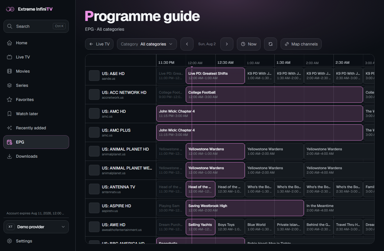Full XMLTV schedule grid for the EPG page