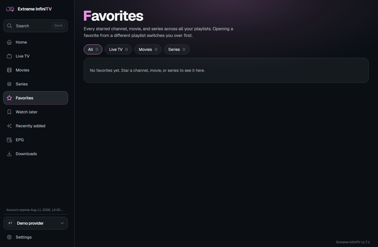 Favorites page showing the cross-playlist union of starred items