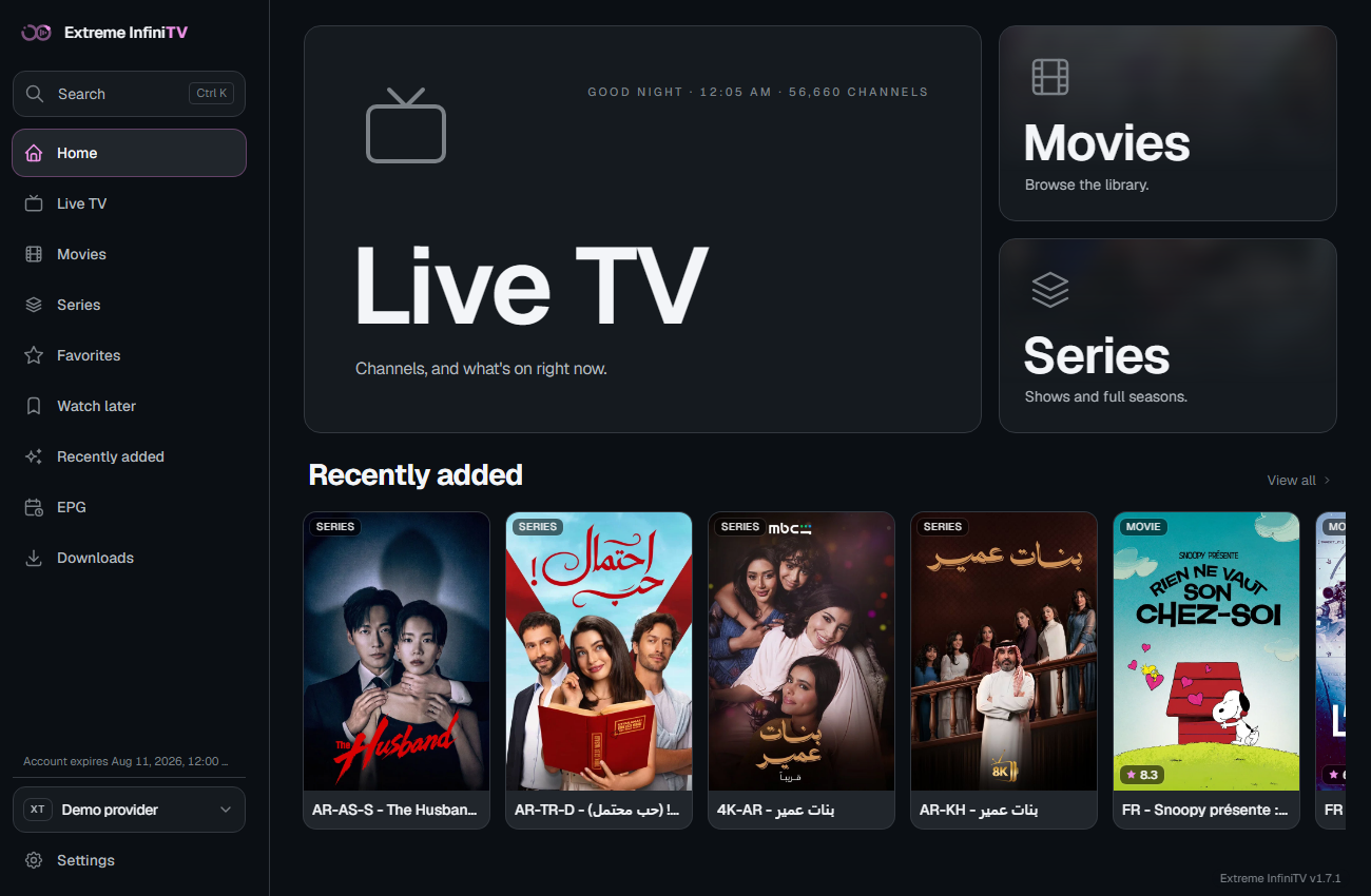 Extreme InfiniTV home screen showing Live TV, Movies, and Series tiles with Continue Watching strip