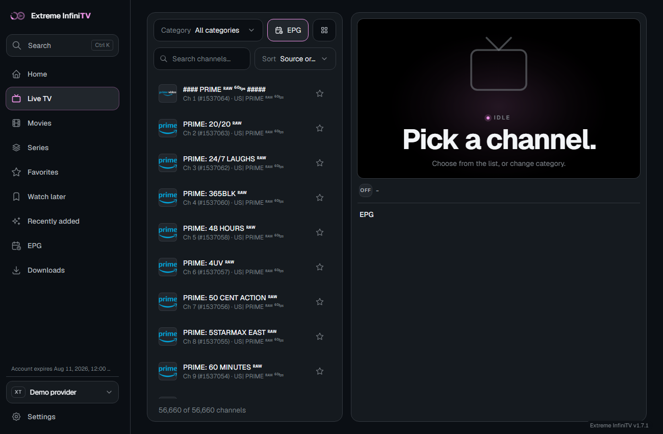 Live TV channel list with inline EPG showing now/next programmes