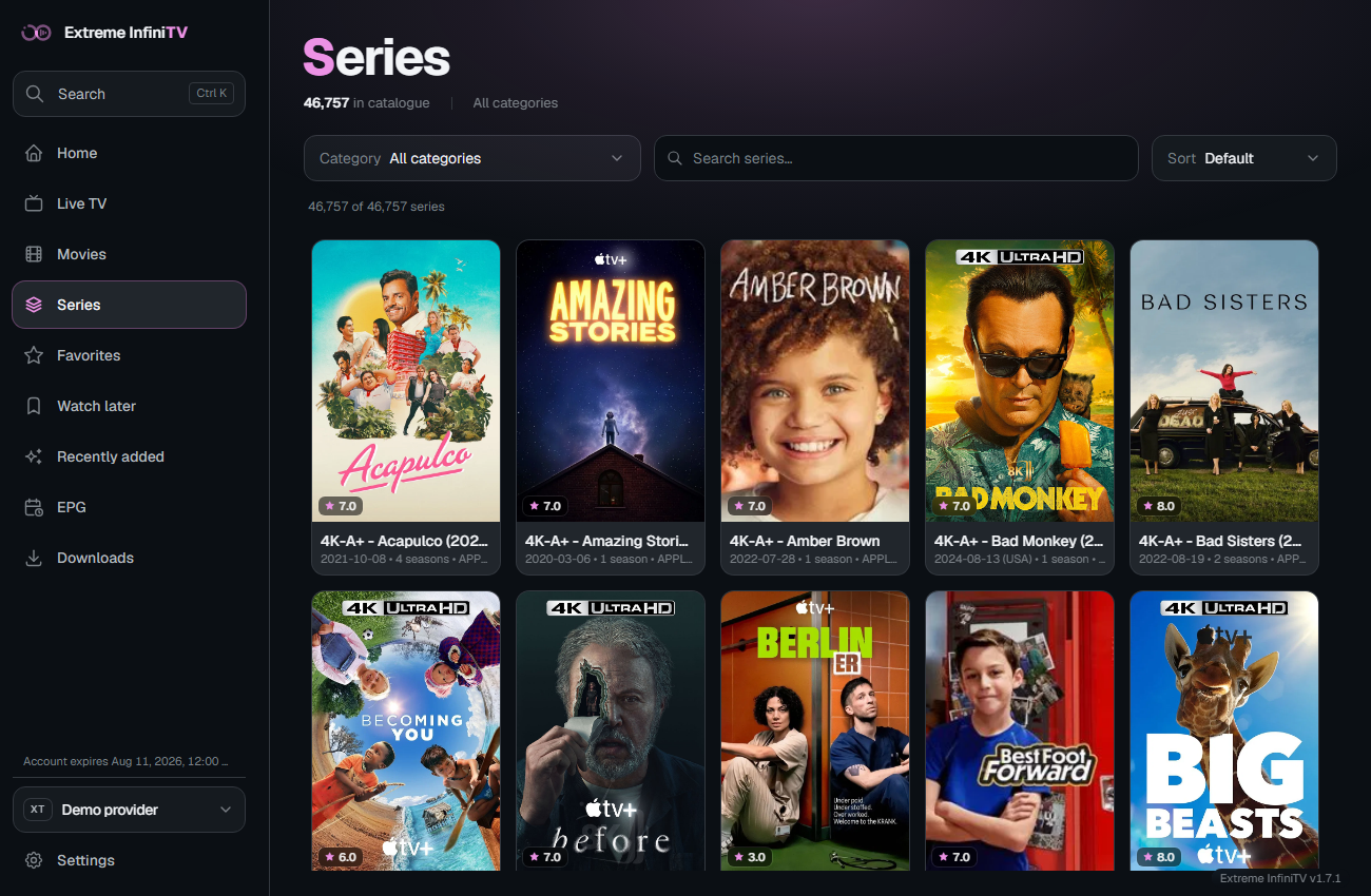 Series detail view with seasons and episodes